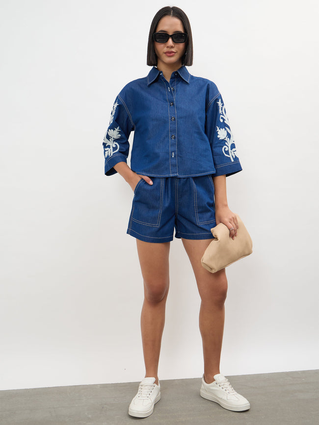Women Navy Embroidered Tencel Crop Shirt