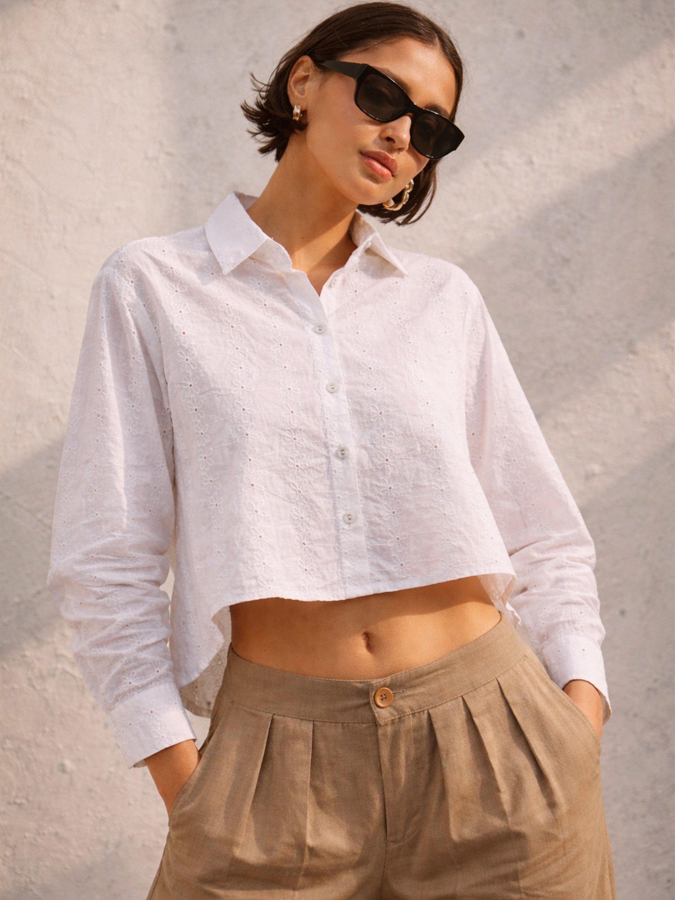 Women White Schiffli Back Tie Crop Shirt