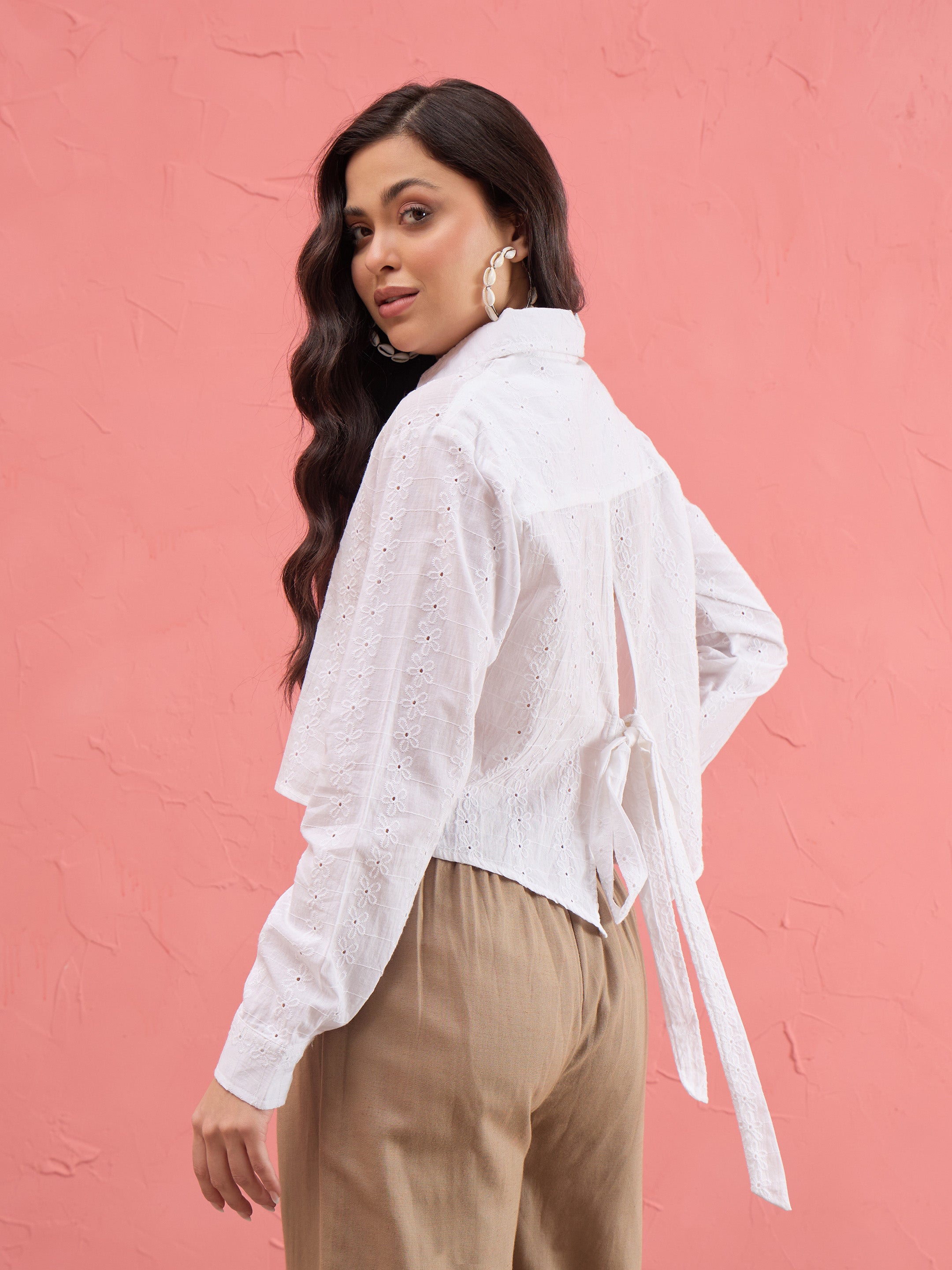 Women White Schiffli Back Tie Crop Shirt