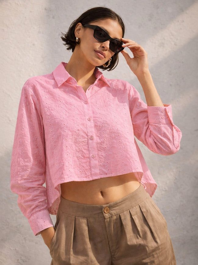 Women Pink Schiffli Back Tie Crop Shirt
