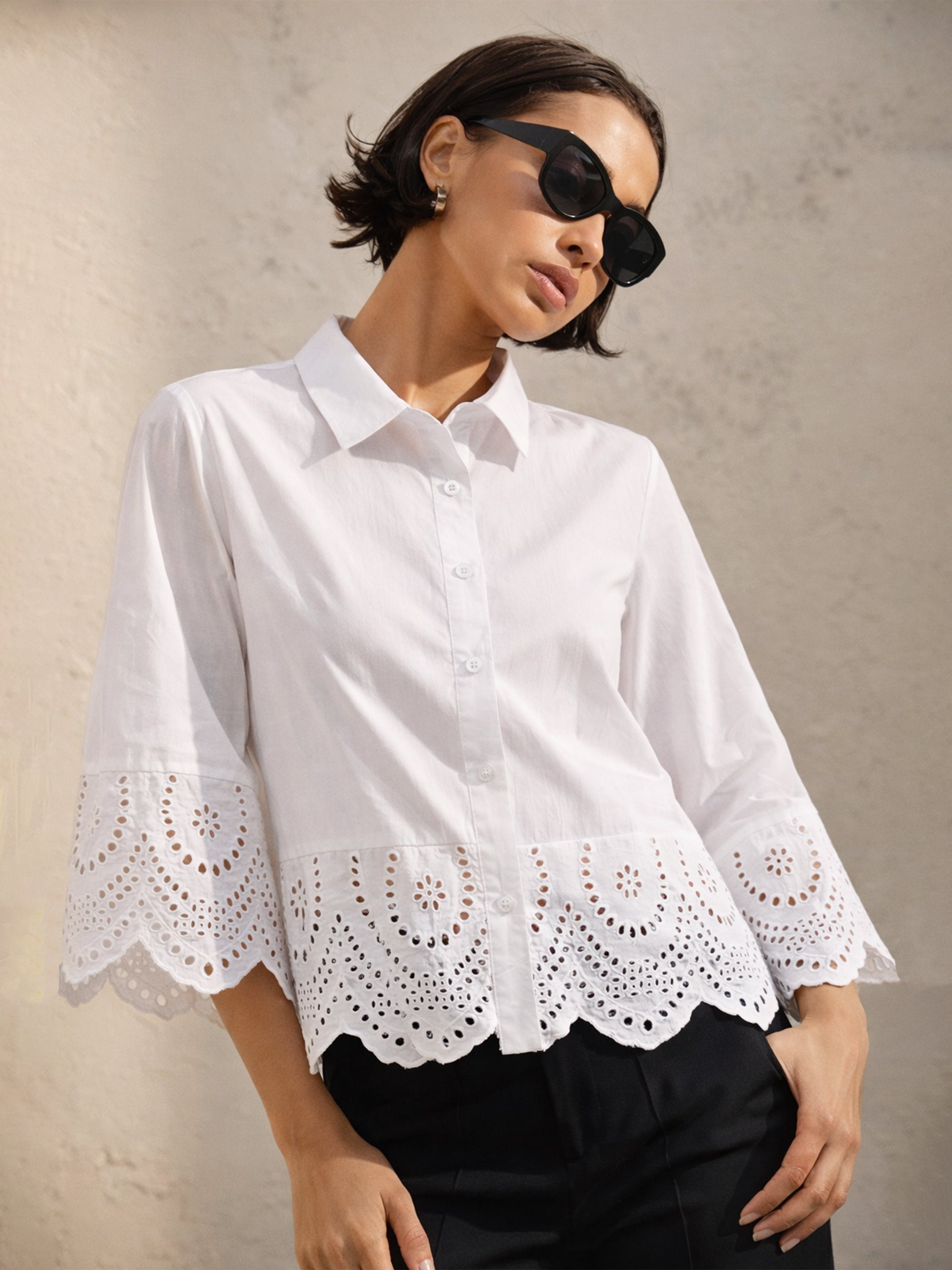 Women White Poplin Scallop Hem Regular Shirt