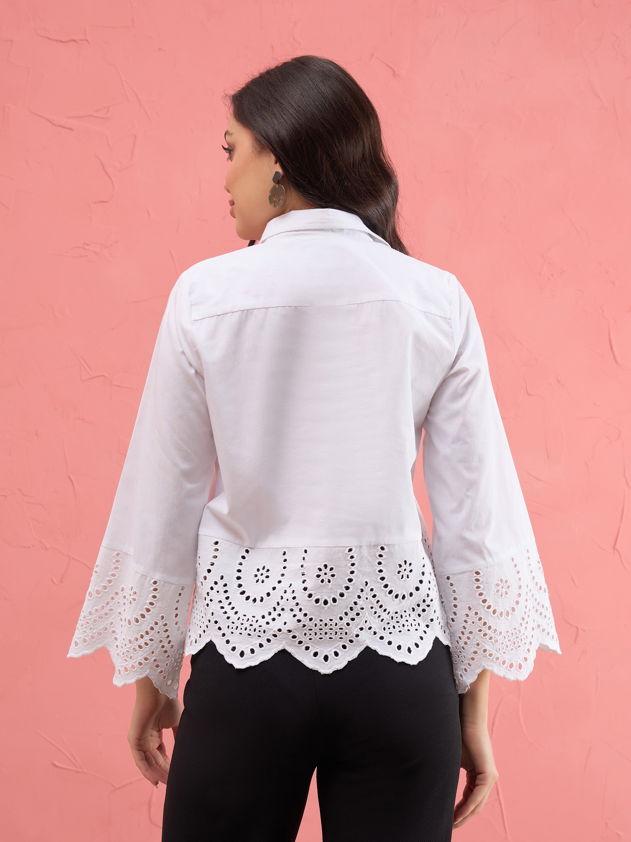 Women White Poplin Scallop Hem Regular Shirt
