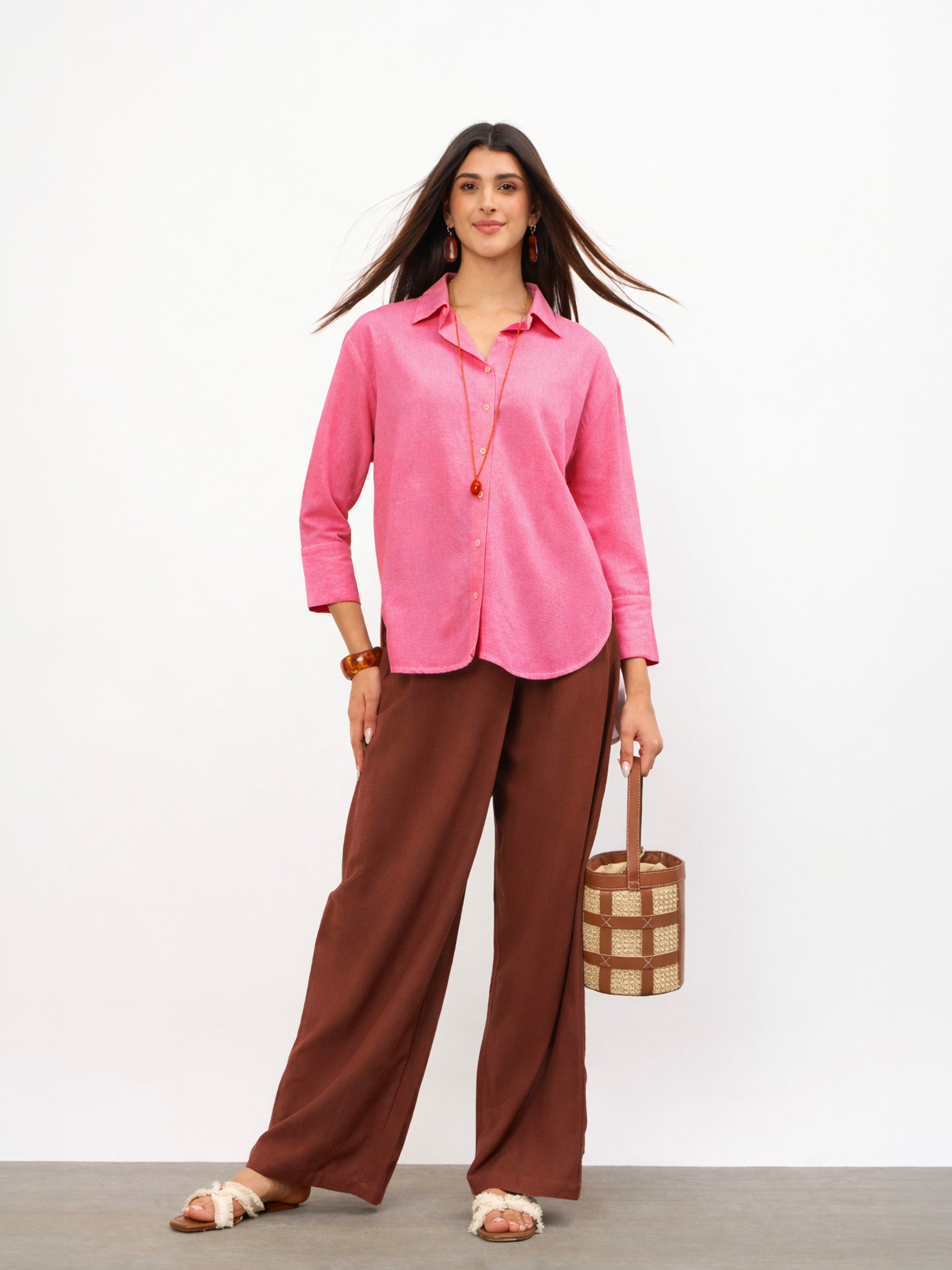 Women Pink Linen High-Low Oversize Shirt