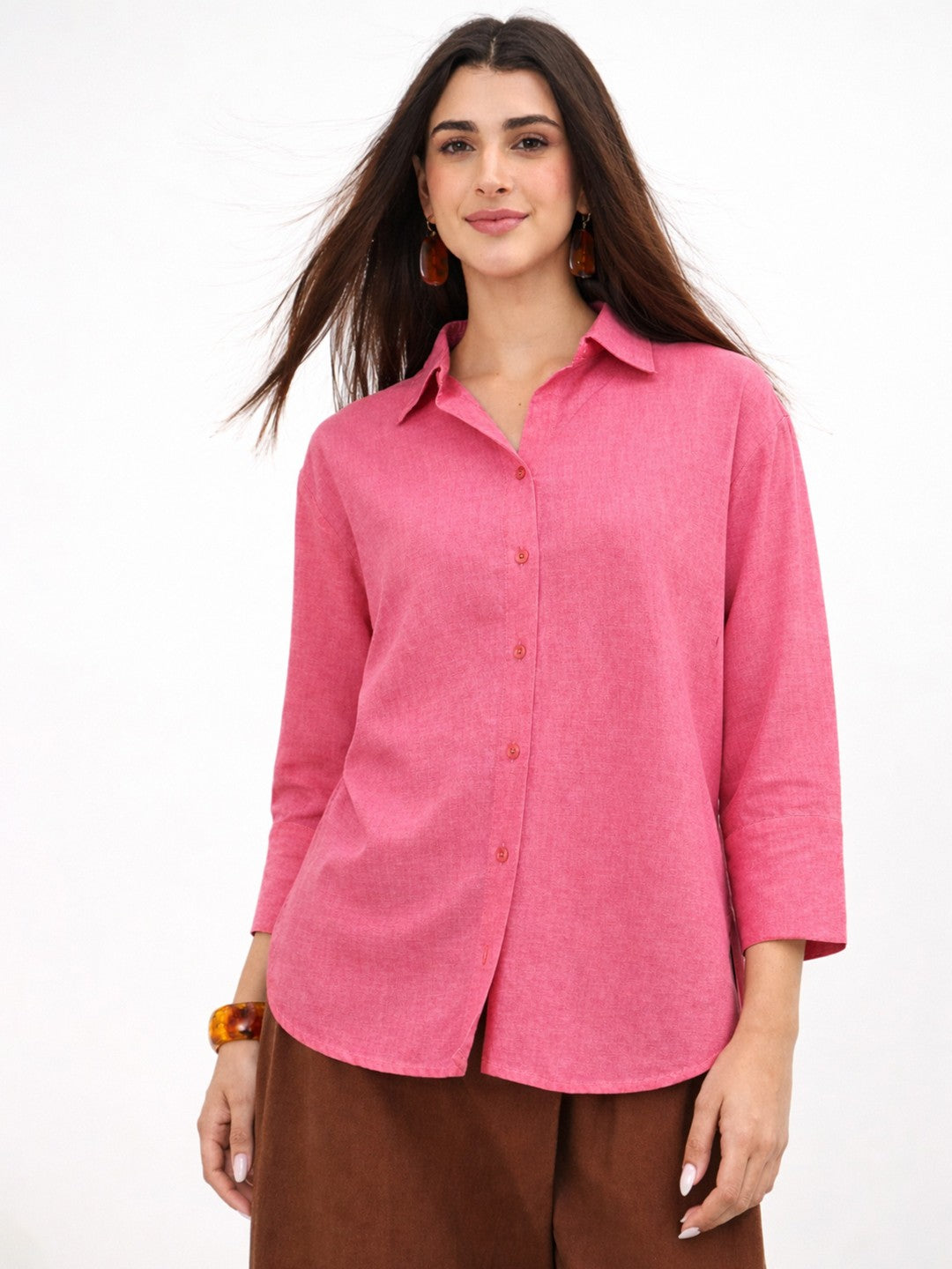 Women Pink Linen High-Low Oversize Shirt