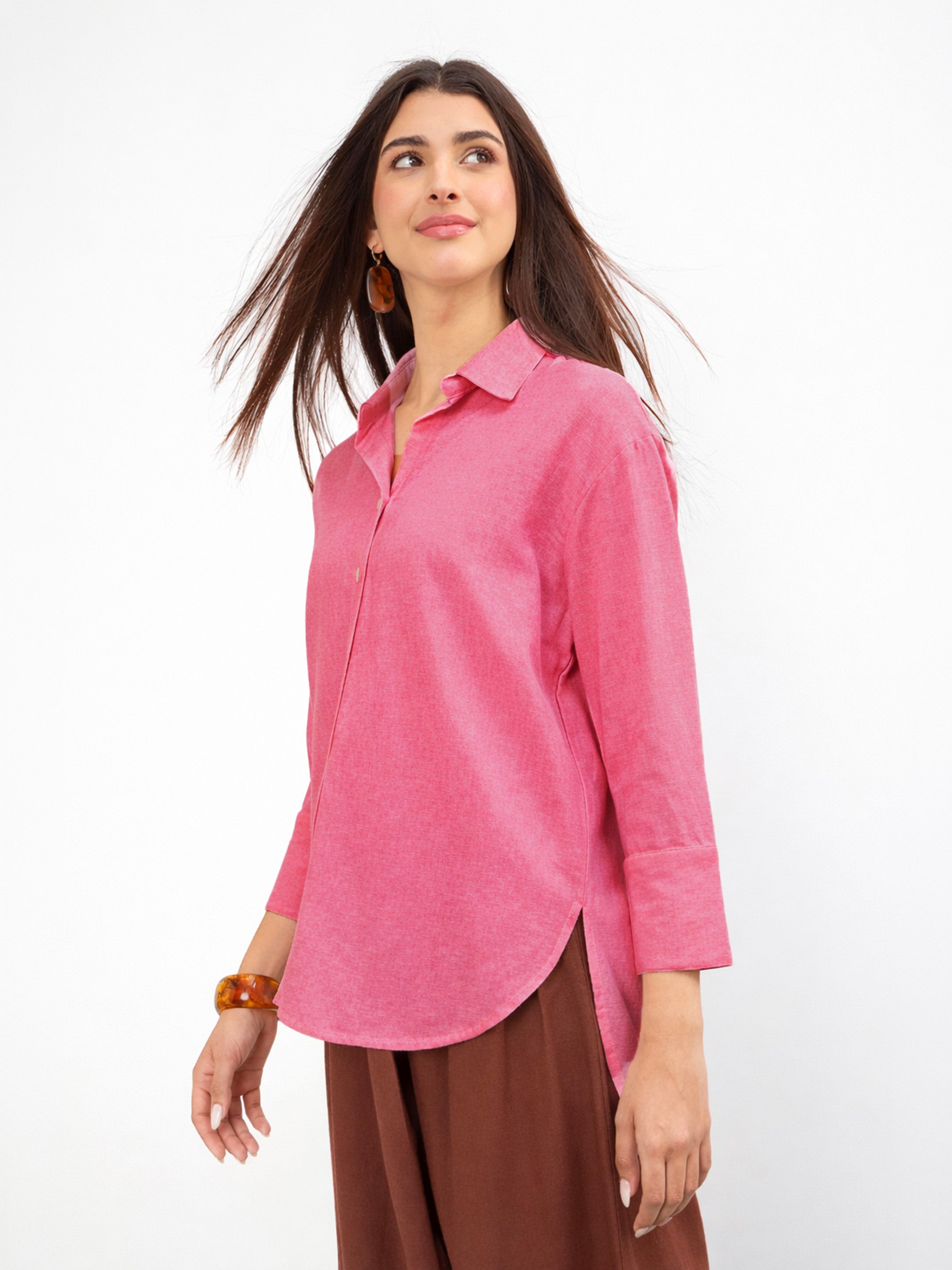 Women Pink Linen High-Low Oversize Shirt
