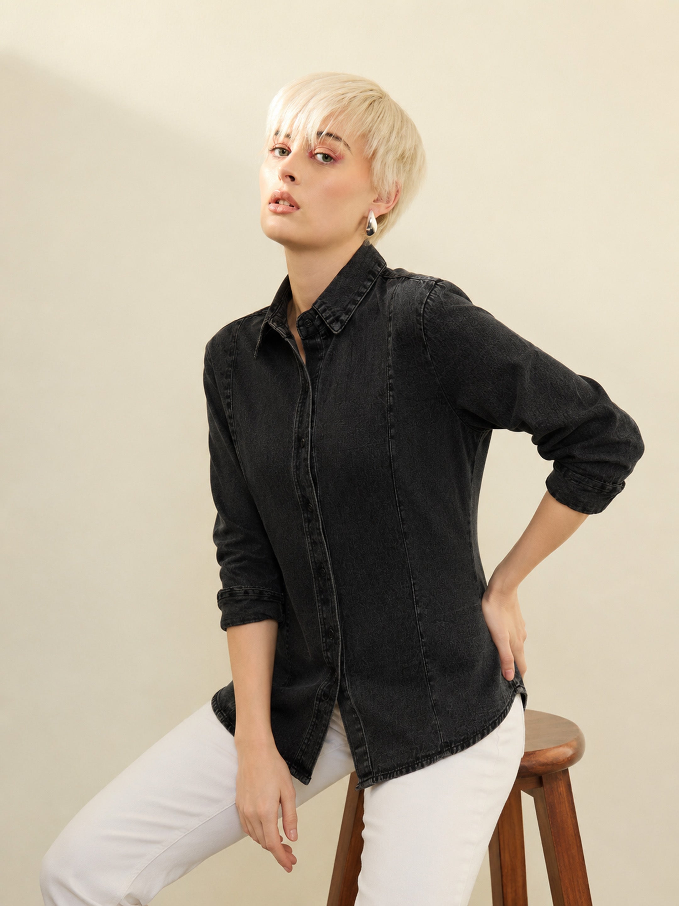 Women Black Denim Slim Fit Shirt