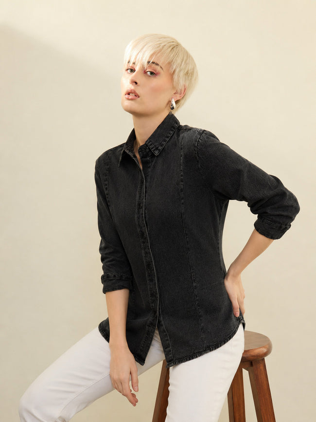 Women Black Denim Slim Fit Shirt