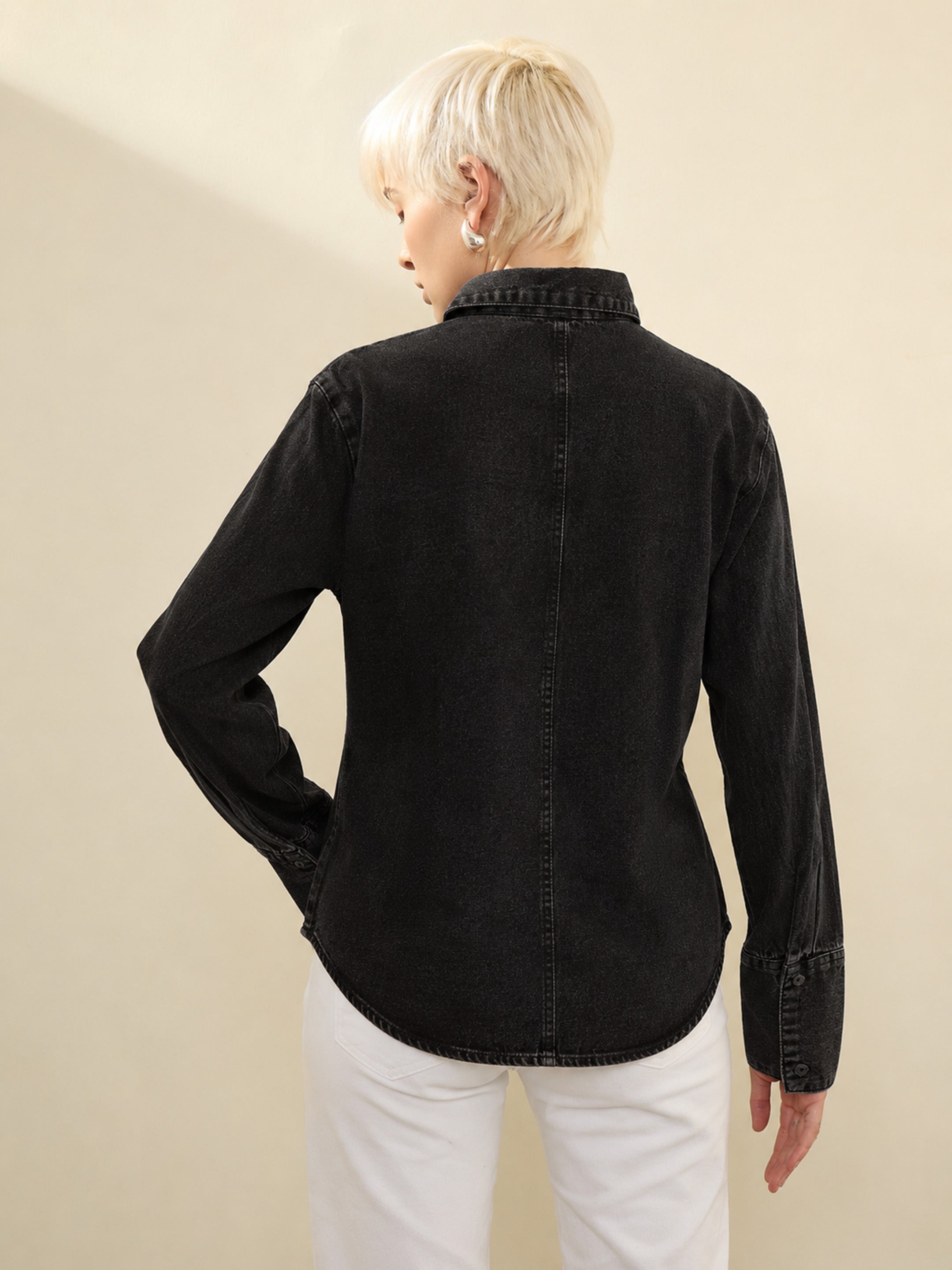 Women Black Denim Slim Fit Shirt