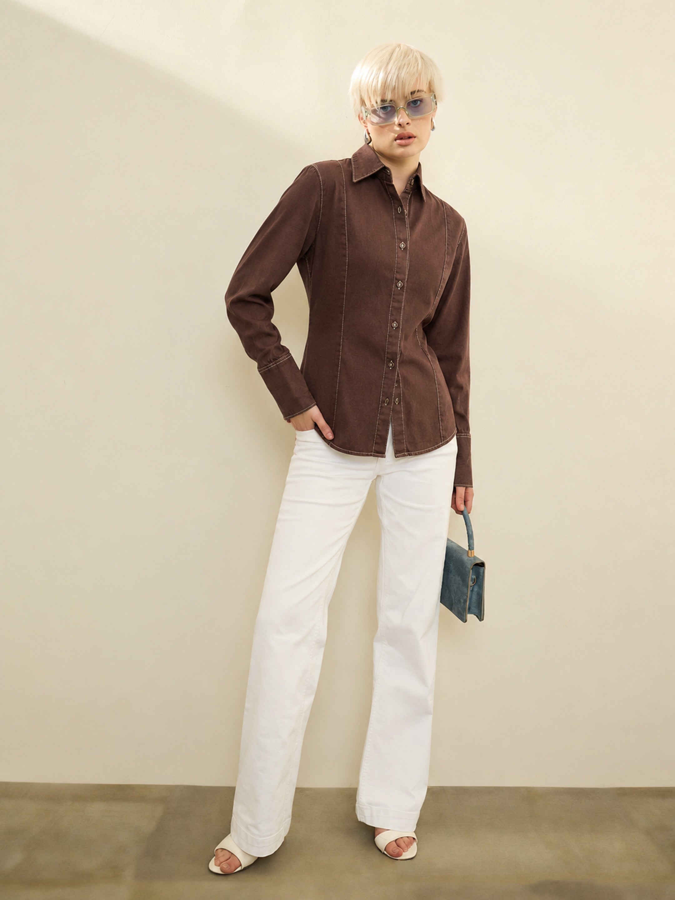 Women Brown Wash Denim Slim Fit Shirt