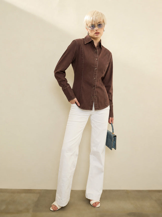 Women Brown Wash Denim Slim Fit Shirt