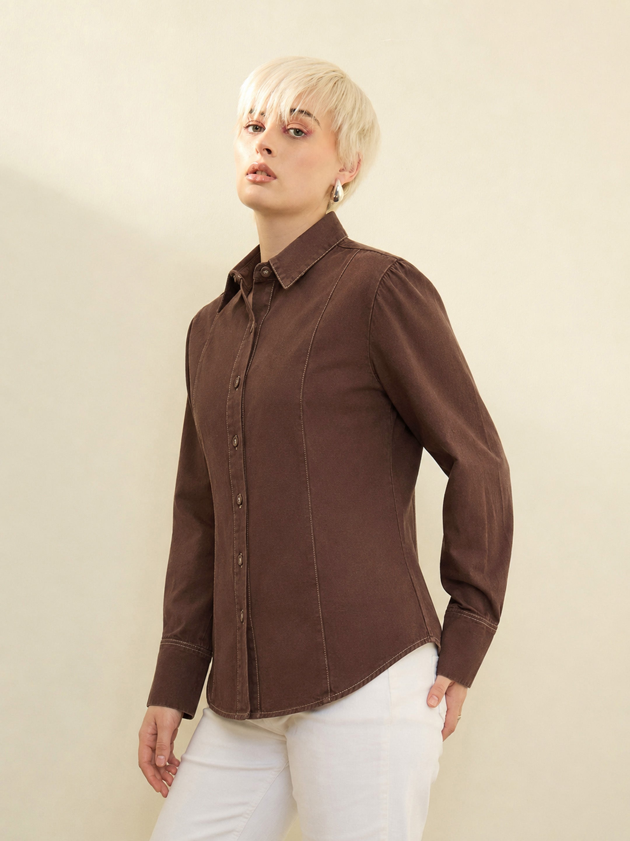 Women Brown Wash Denim Slim Fit Shirt