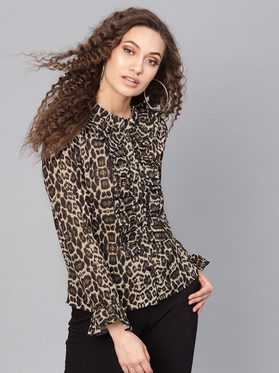Women Black Cheetah Cascading Ruffles Shirt