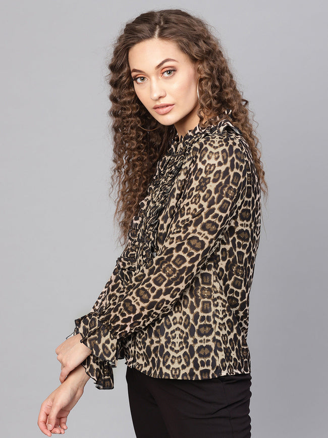 Women Black Cheetah Cascading Ruffles Shirt