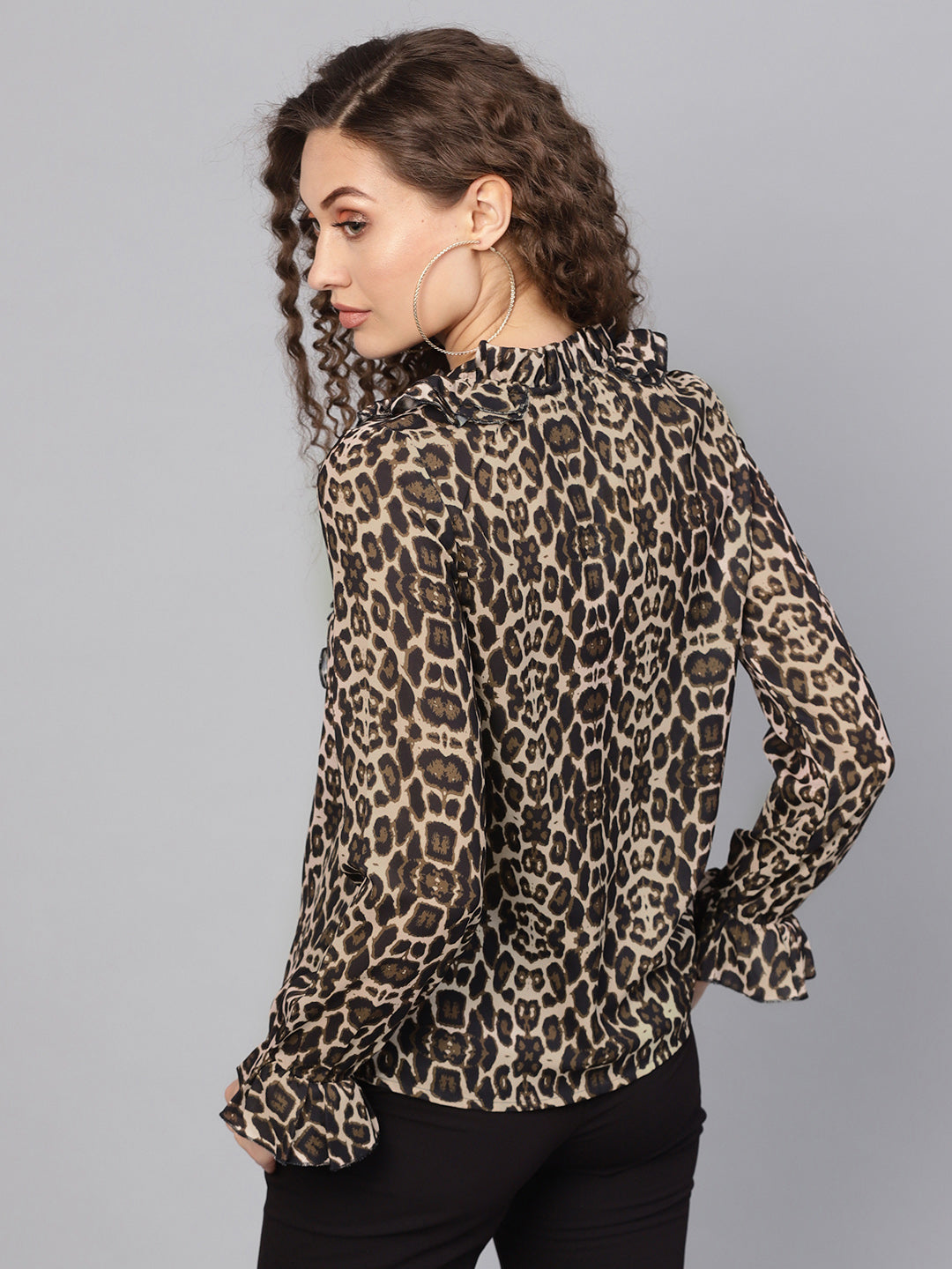 Women Black Cheetah Cascading Ruffles Shirt