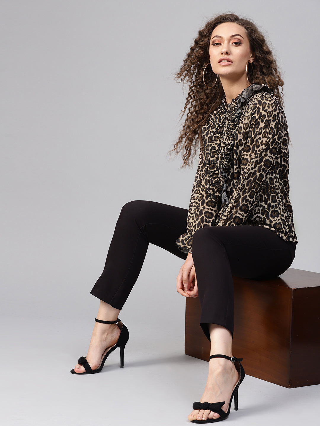 Women Black Cheetah Cascading Ruffles Shirt