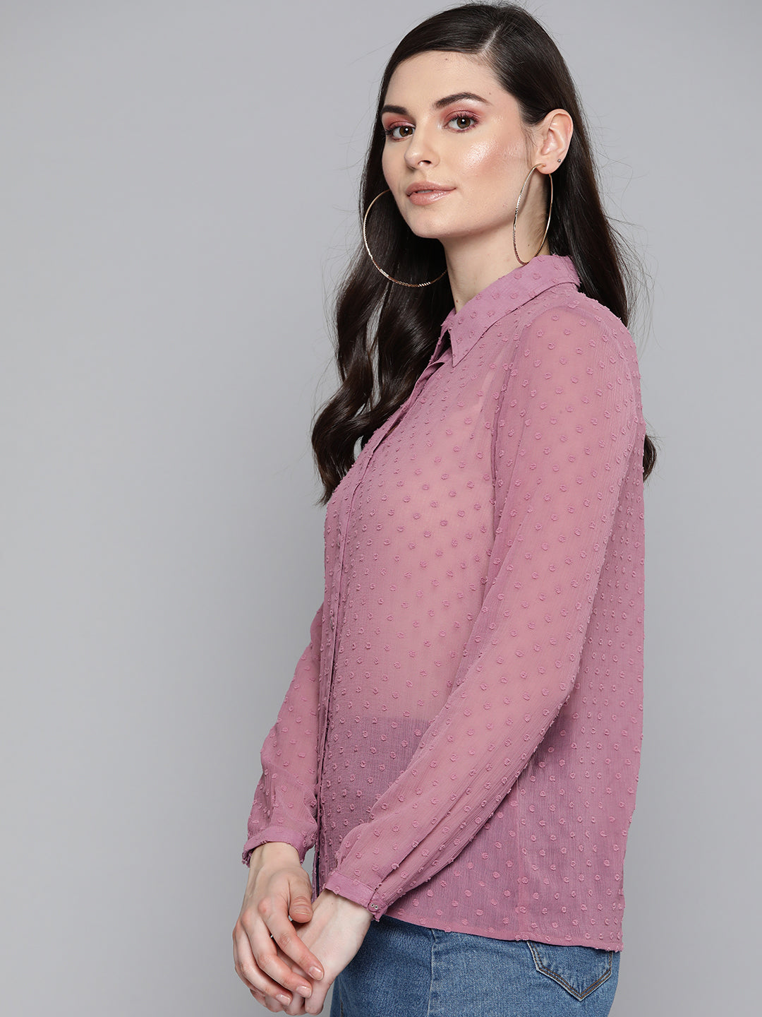 Women Purple Dobby Sheer Boxy Shirt