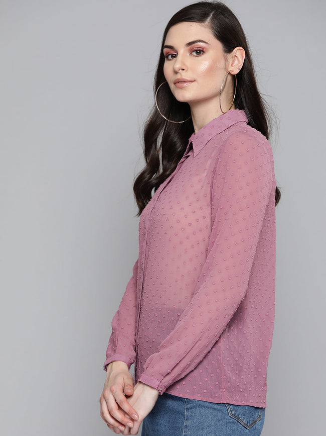Women Purple Dobby Sheer Boxy Shirt