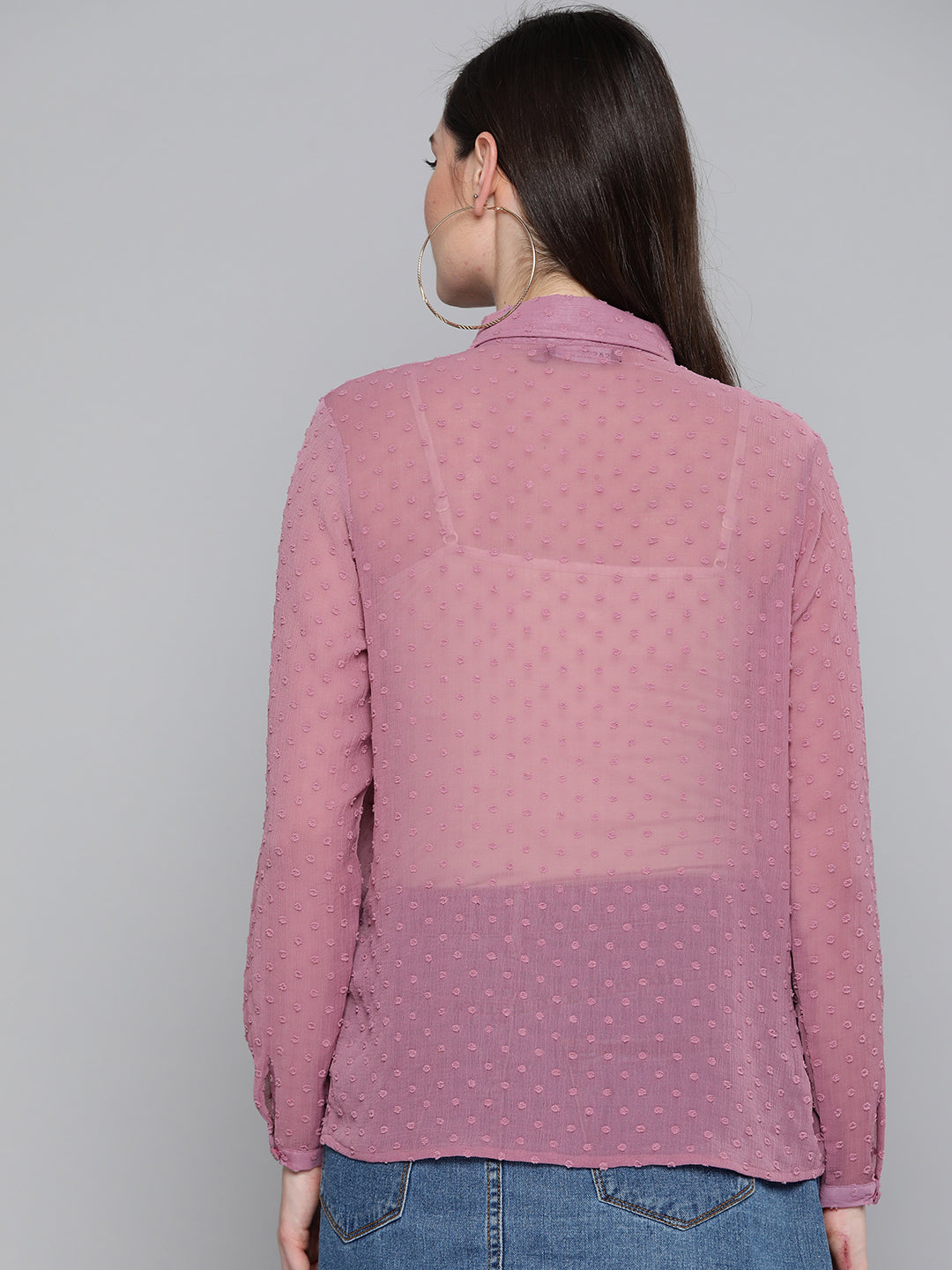 Women Purple Dobby Sheer Boxy Shirt