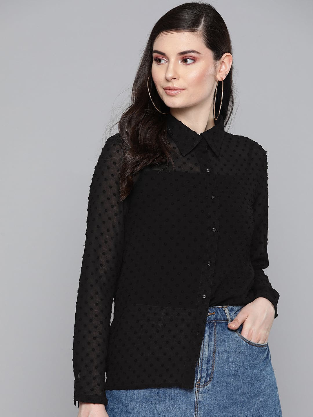 Women Black Dobby Sheer Boxy Shirt