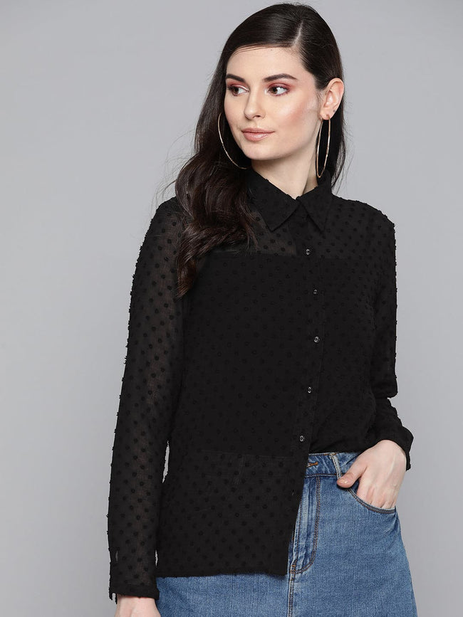 Women Black Dobby Sheer Boxy Shirt