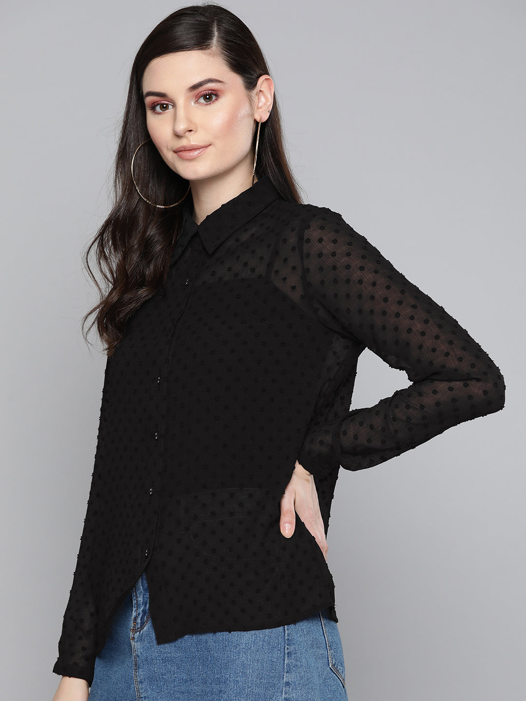 Women Black Dobby Sheer Boxy Shirt