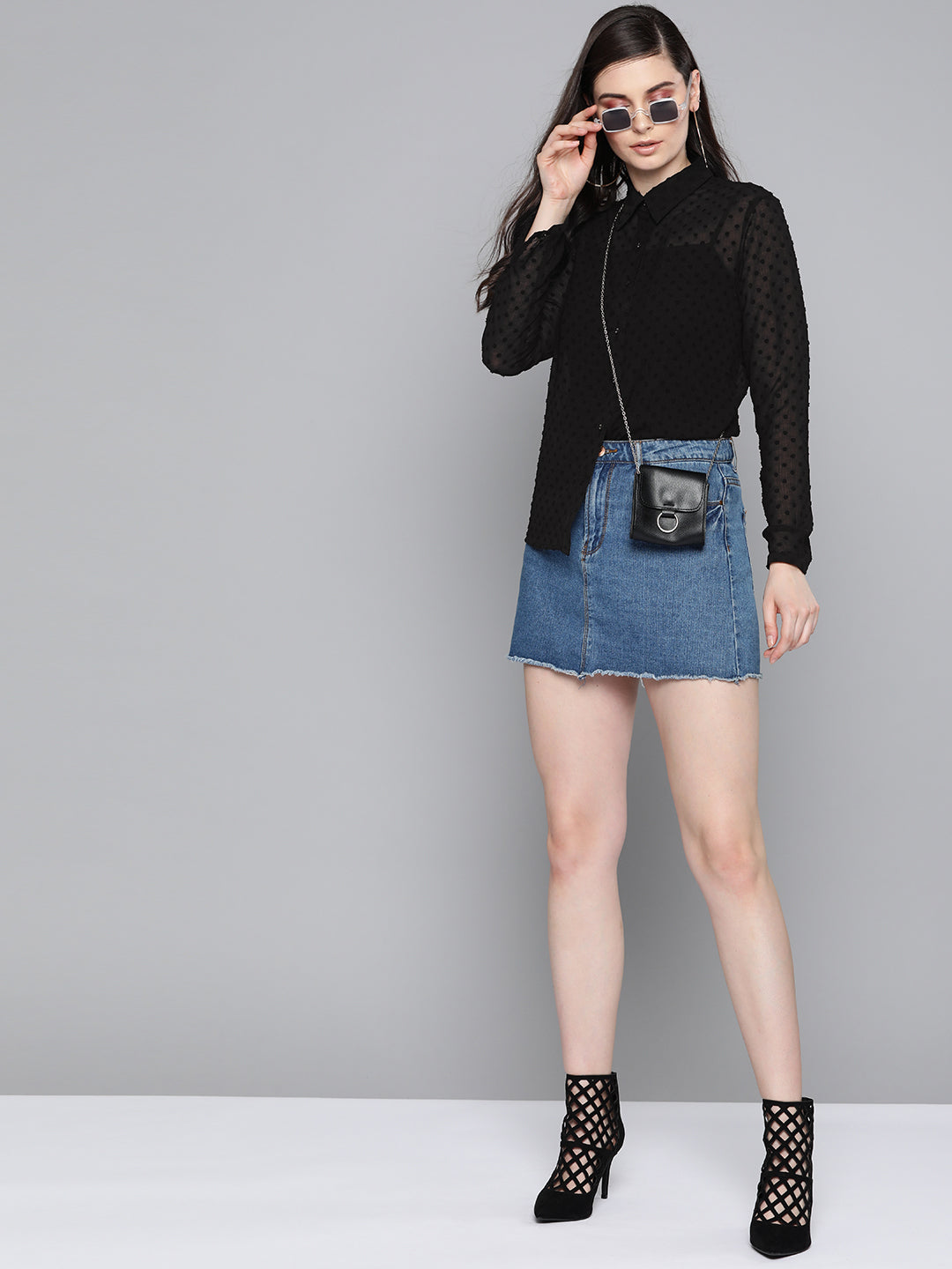 Women Black Dobby Sheer Boxy Shirt