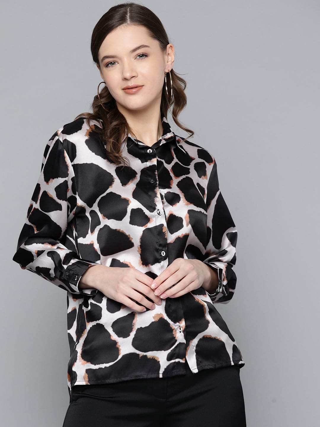 Nude Animal Print Satin Shirt-Shirts-SASSAFRAS