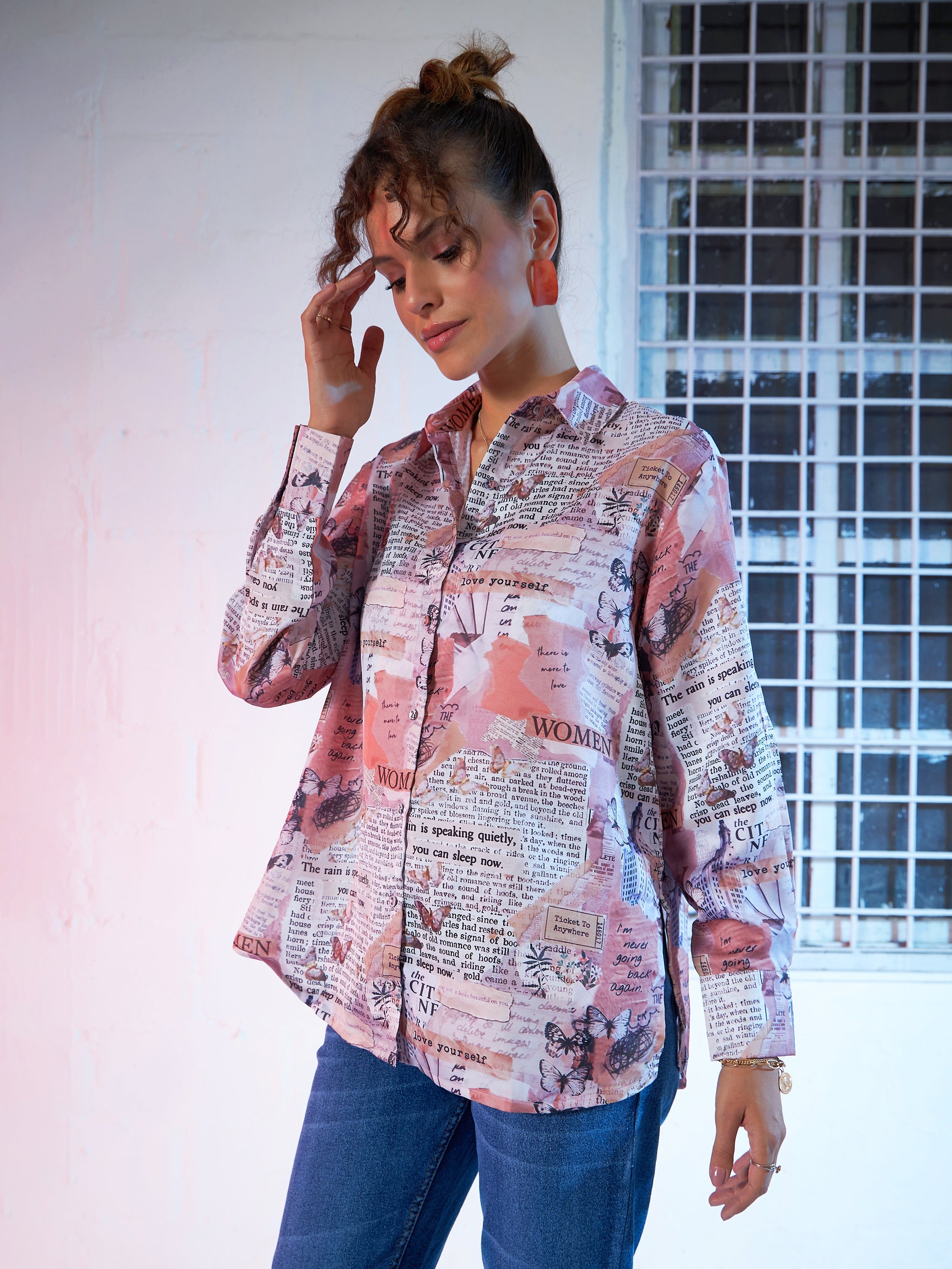 Women Beige Pink Newspaper Print Satin Shirt