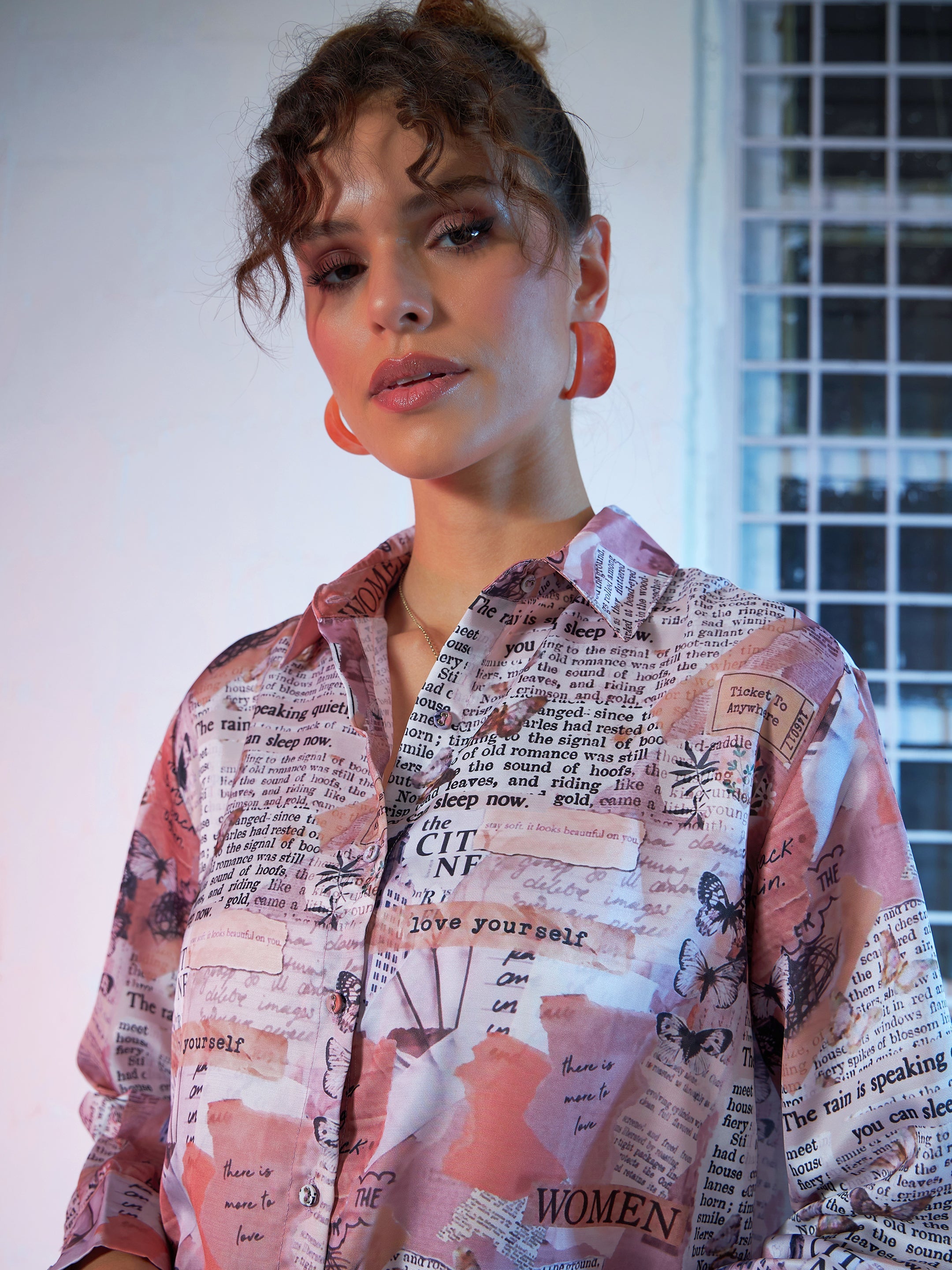 Women Beige Pink Newspaper Print Satin Shirt