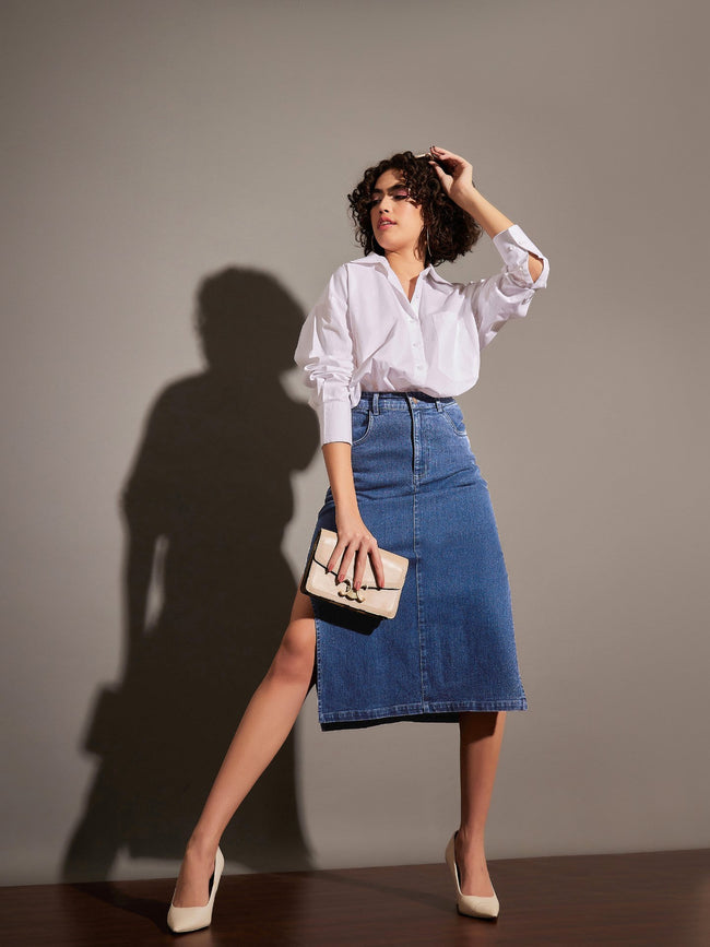 Women Blue Denim Side Slit Midi Skirt