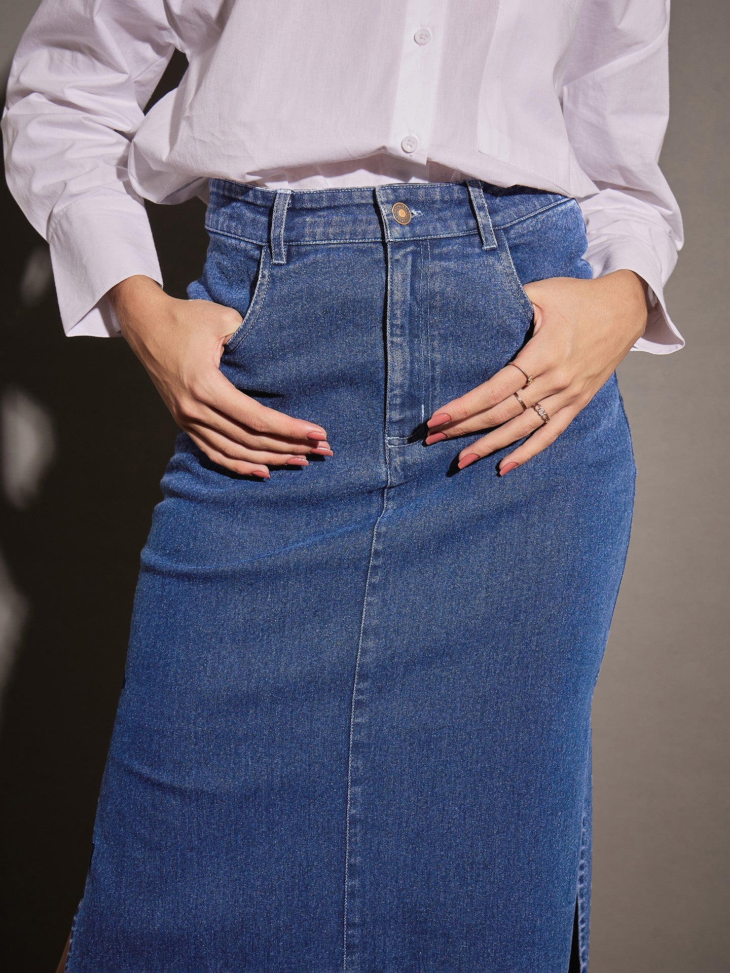 Women Blue Denim Side Slit Midi Skirt