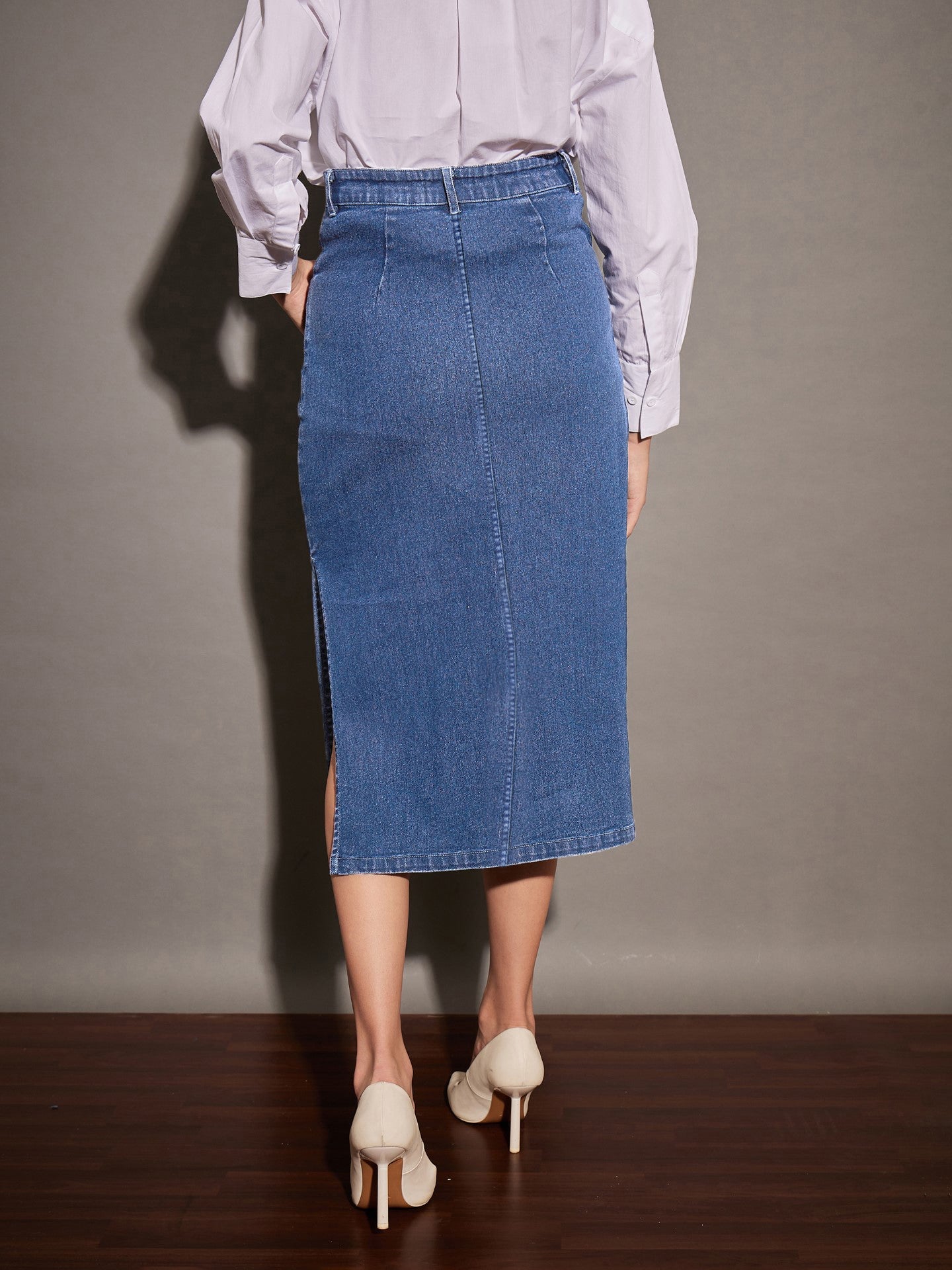 Women Blue Denim Side Slit Midi Skirt