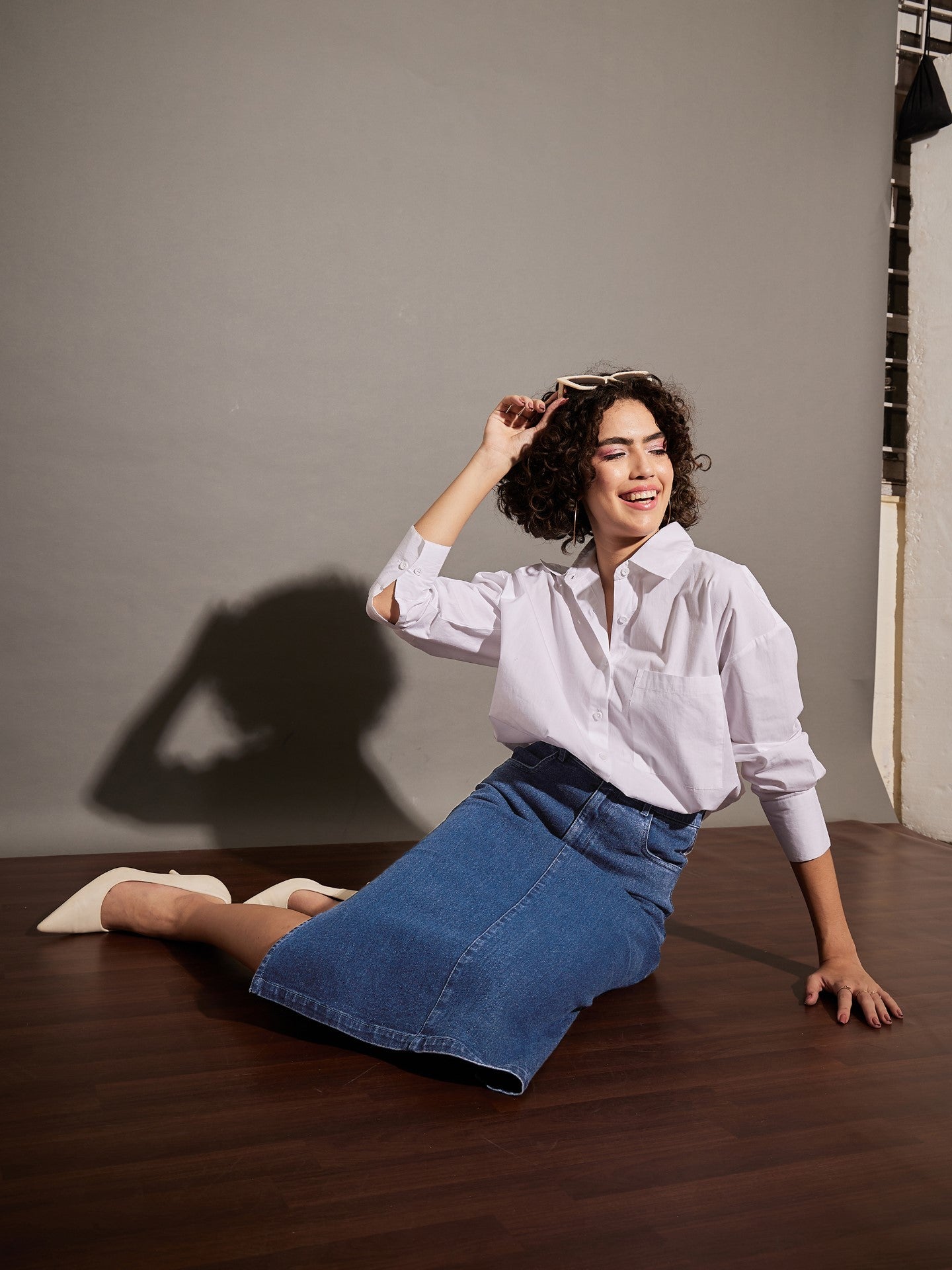 Women Blue Denim Side Slit Midi Skirt