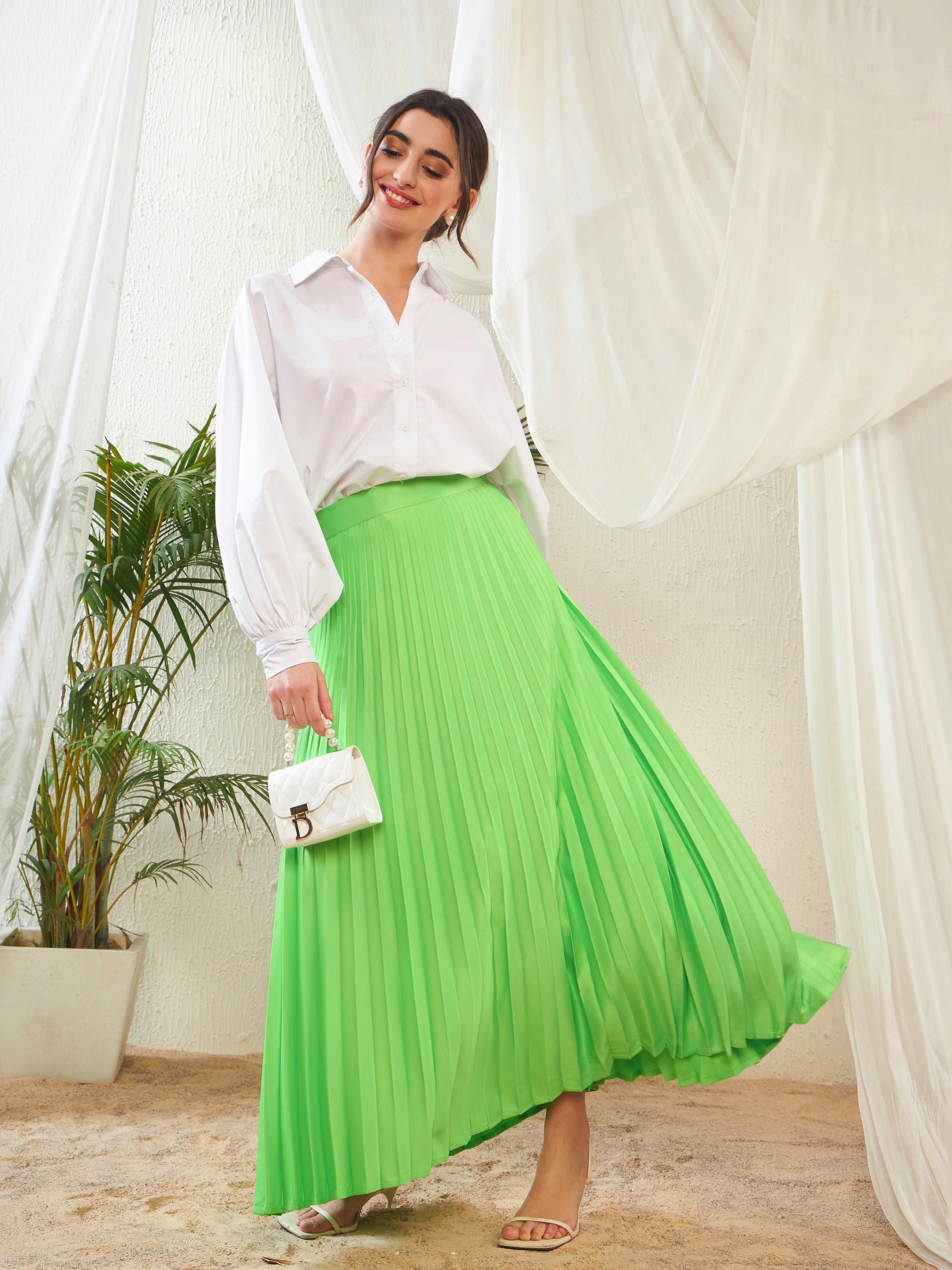 Green Satin Accordion Pleated Maxi Skirt-SASSAFRAS