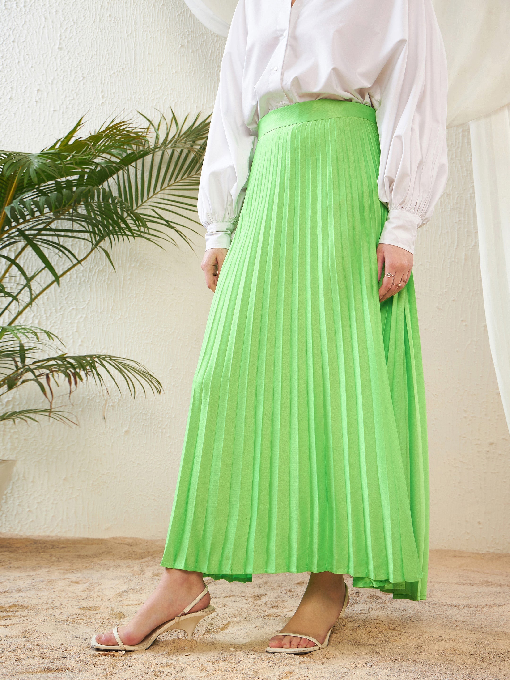 Green Satin Accordion Pleated Maxi Skirt-SASSAFRAS