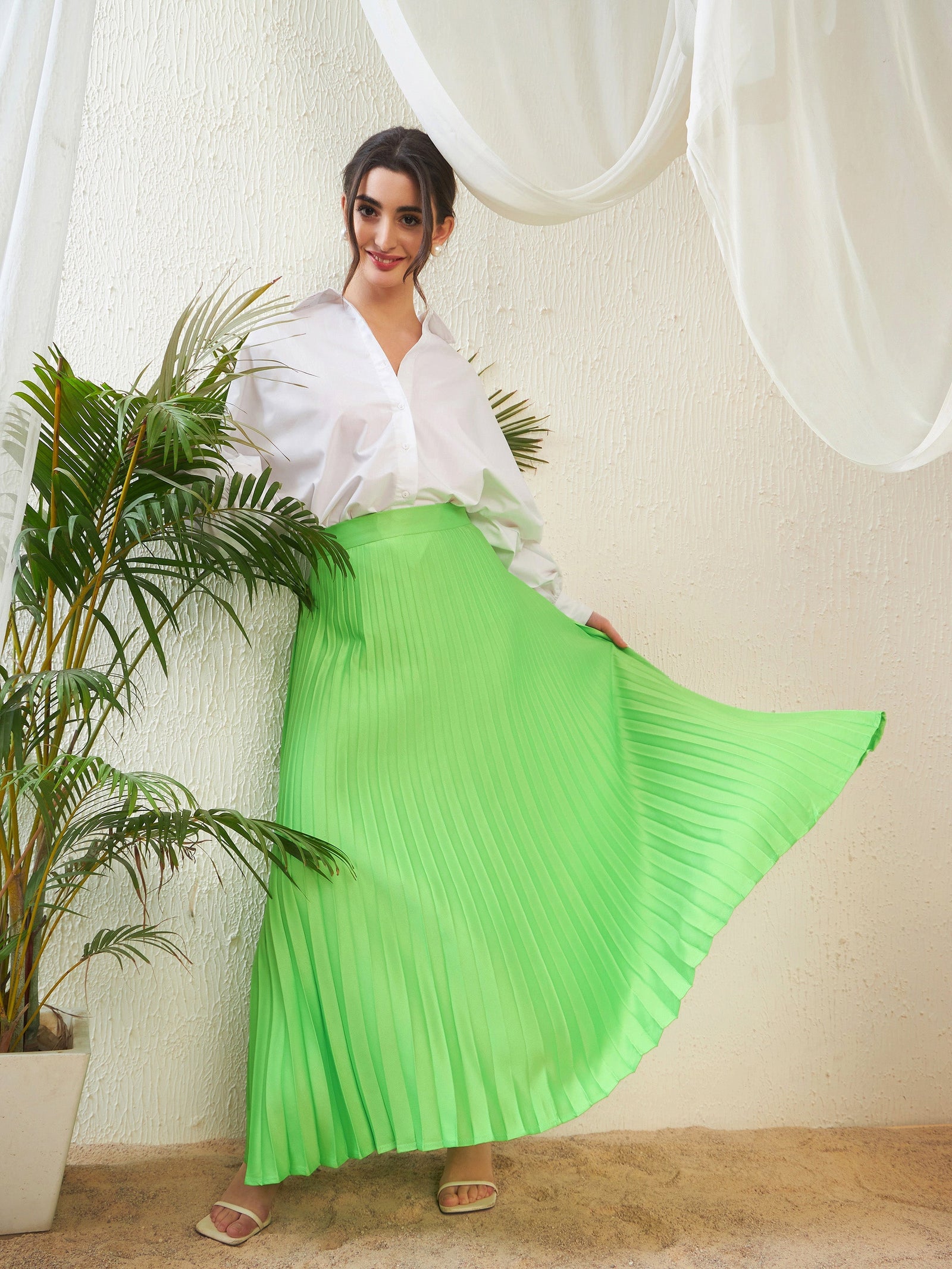 Green Satin Accordion Pleated Maxi Skirt-SASSAFRAS