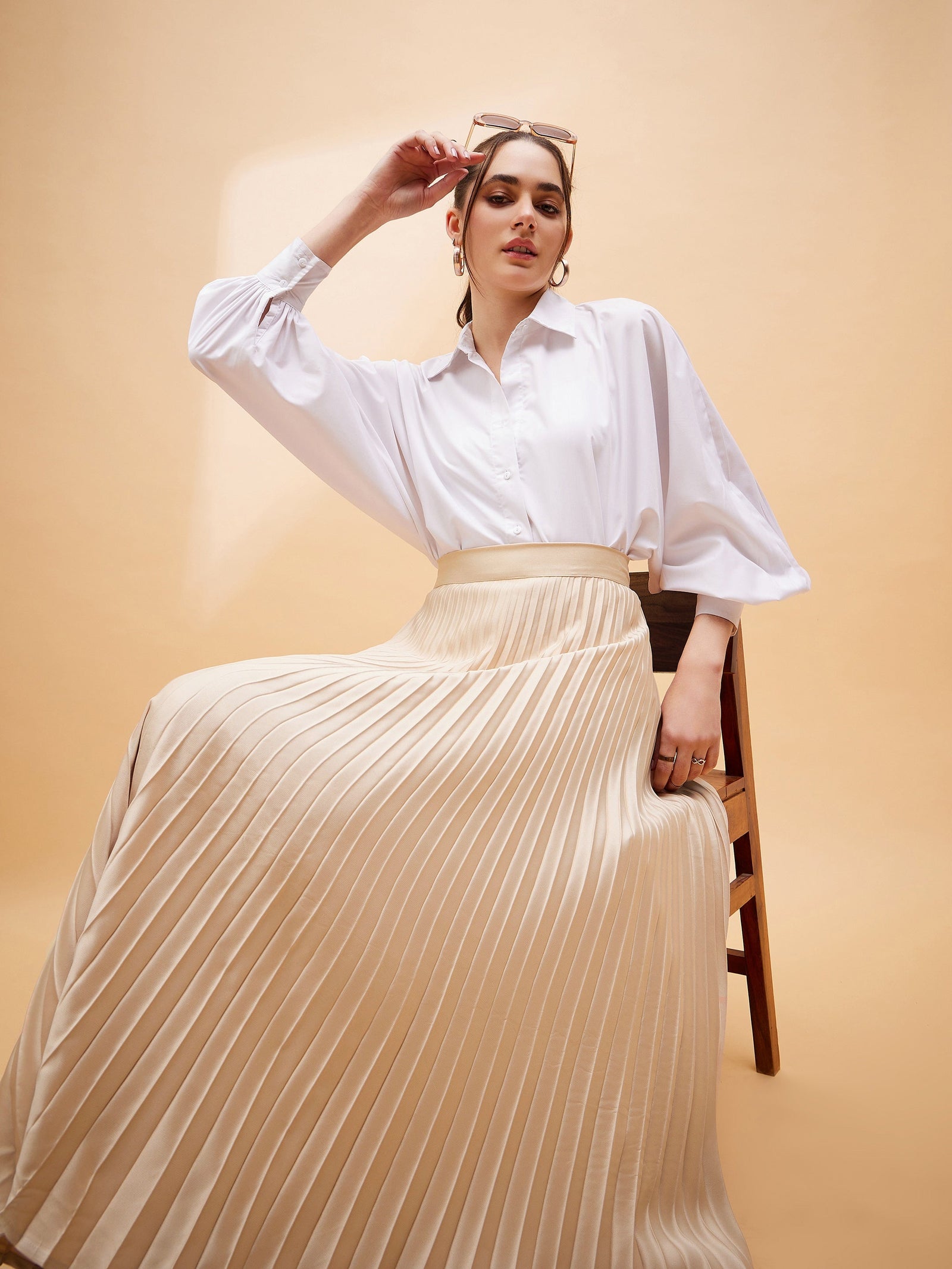 Women Beige Accordion Pleated Belted Midi Skirt