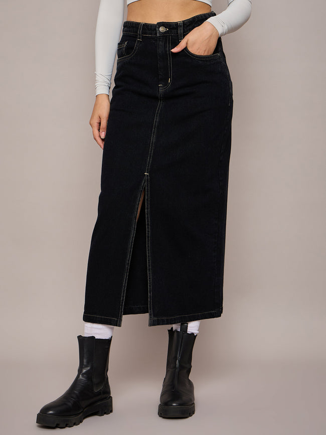 Women Black Denim Front Slit Midi Skirt