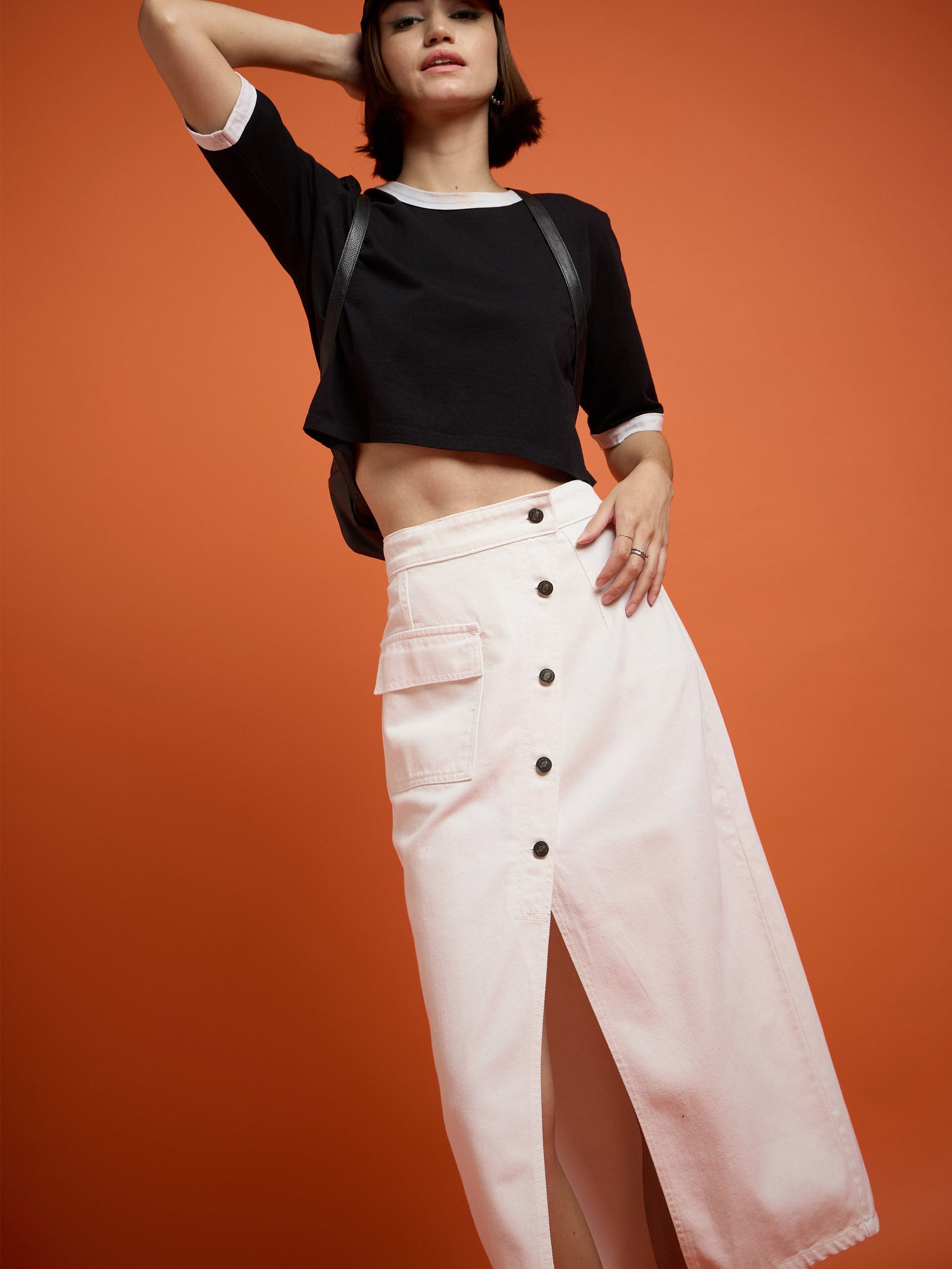 Women White Front Button Wrap Skirt