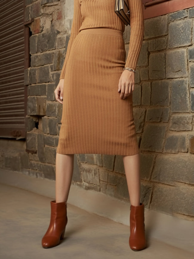 Women Beige Rib Pencil Midi Skirt
