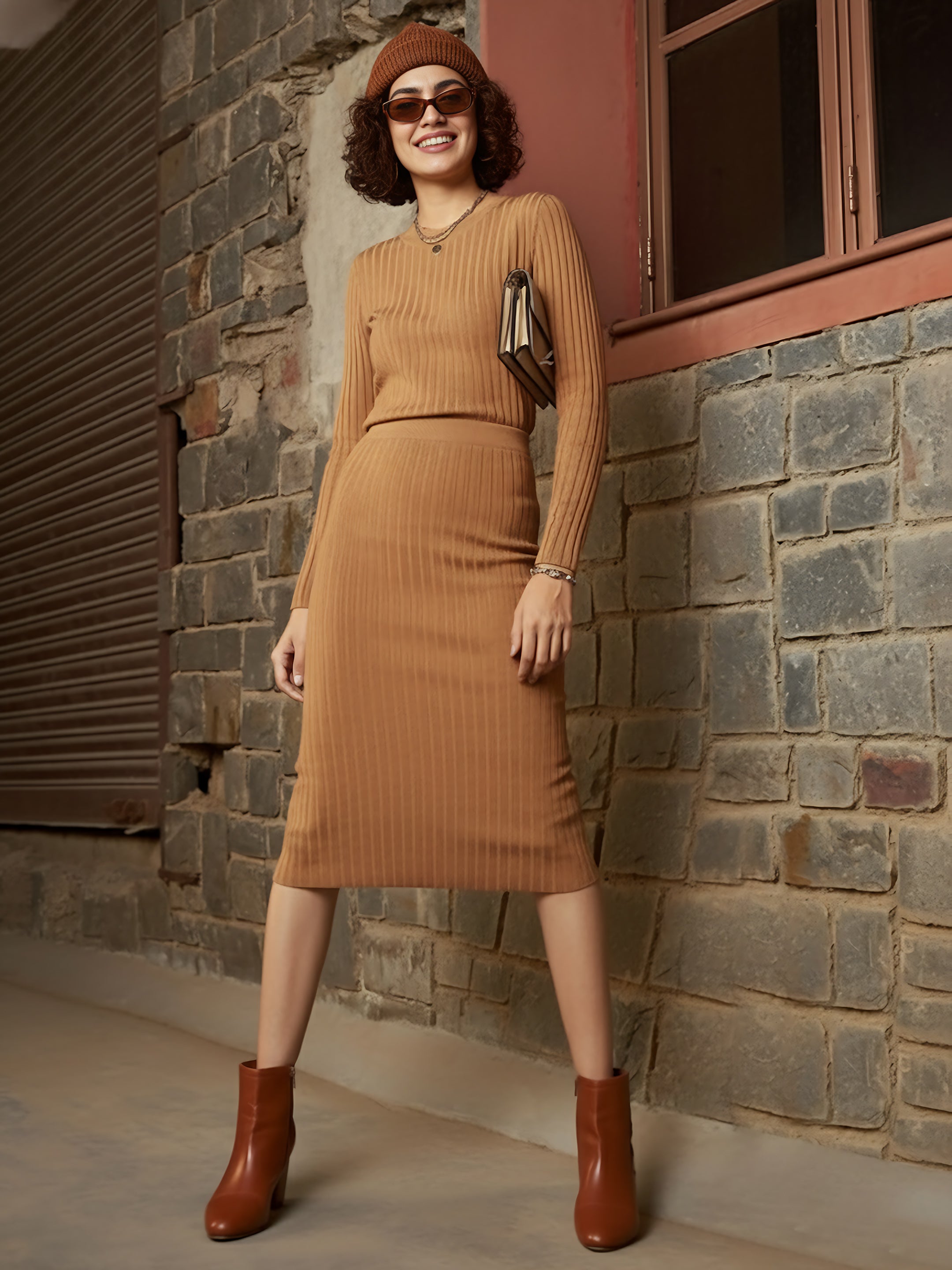 Women Beige Rib Pencil Midi Skirt
