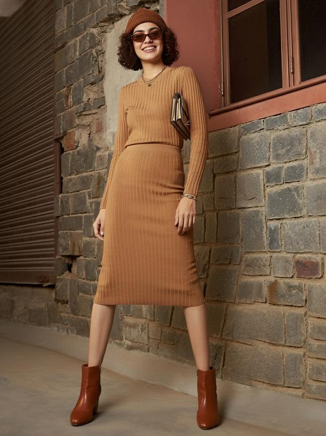 Women Beige Rib Pencil Midi Skirt