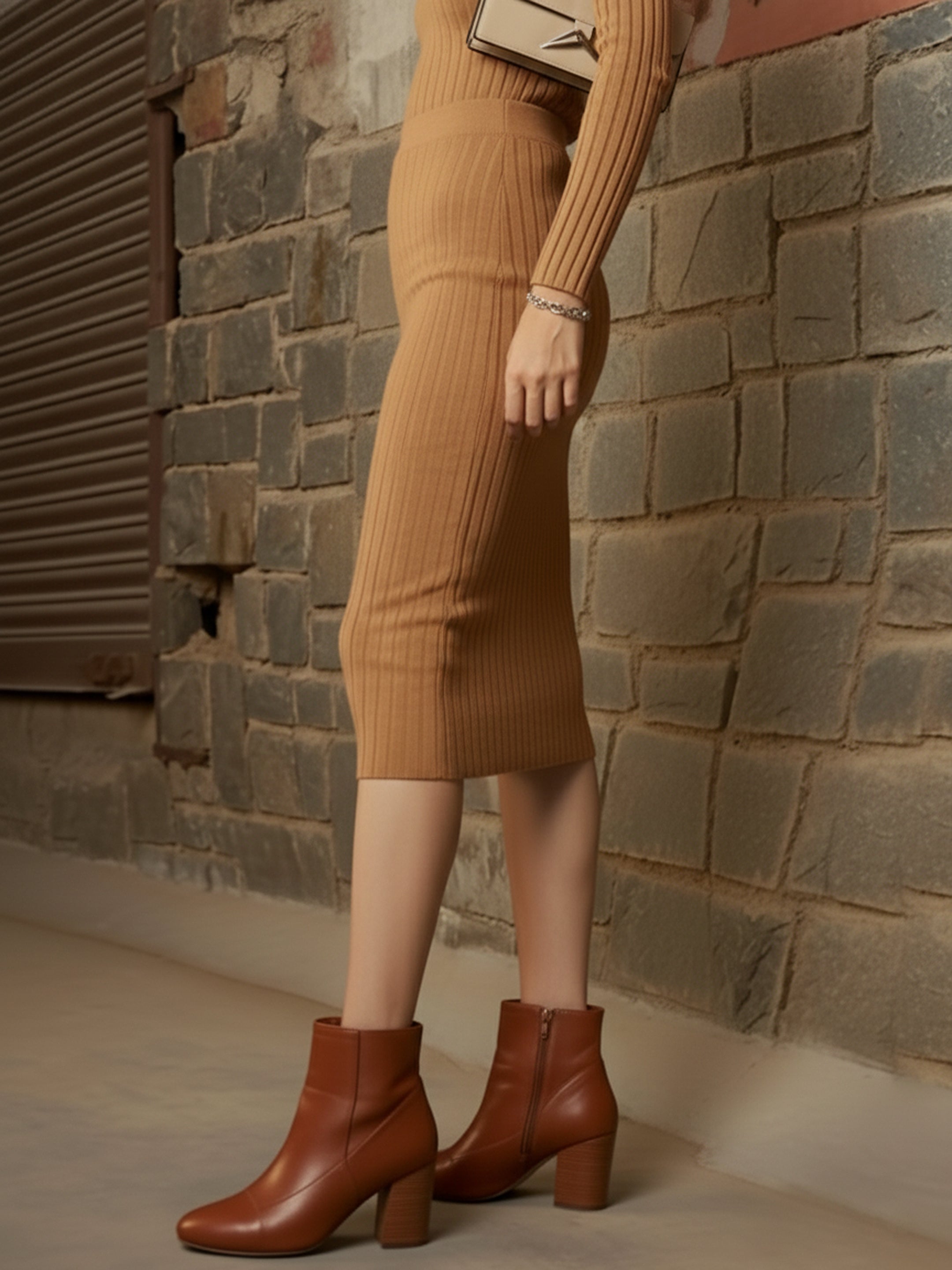 Women Beige Rib Pencil Midi Skirt