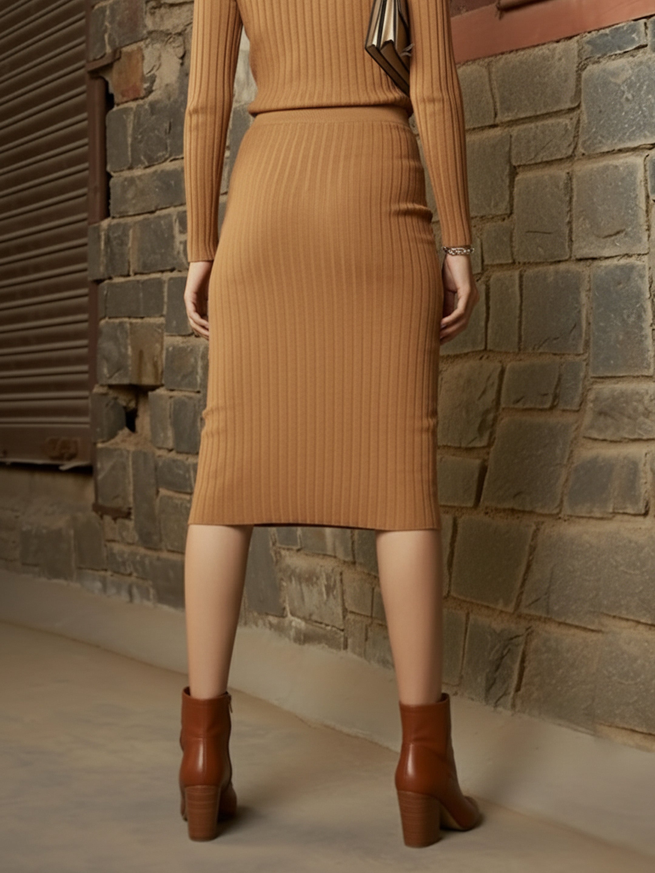 Women Beige Rib Pencil Midi Skirt