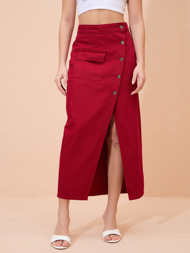 Women Red Denim Front Button Wrap Skirt