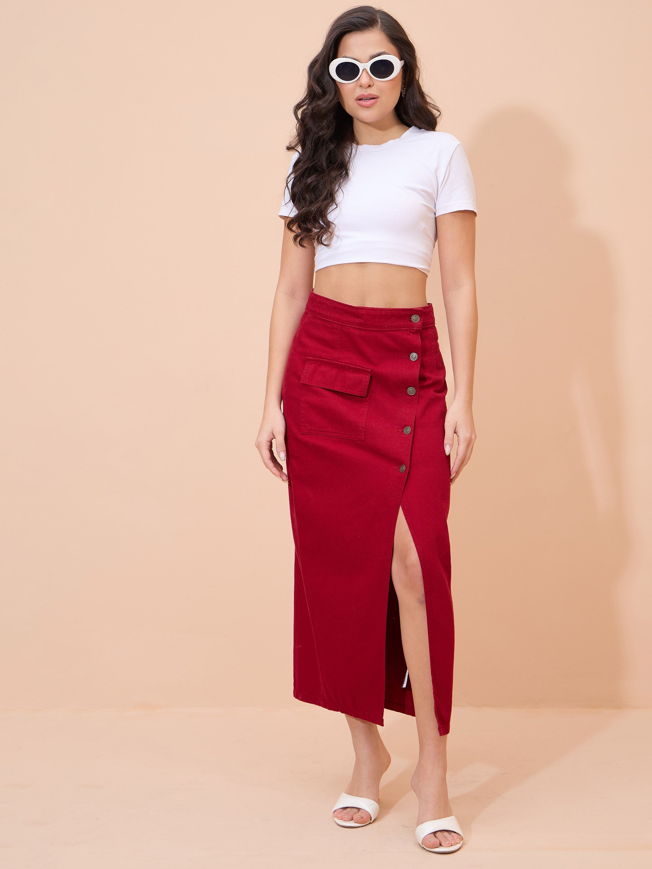 Women Red Denim Front Button Wrap Skirt