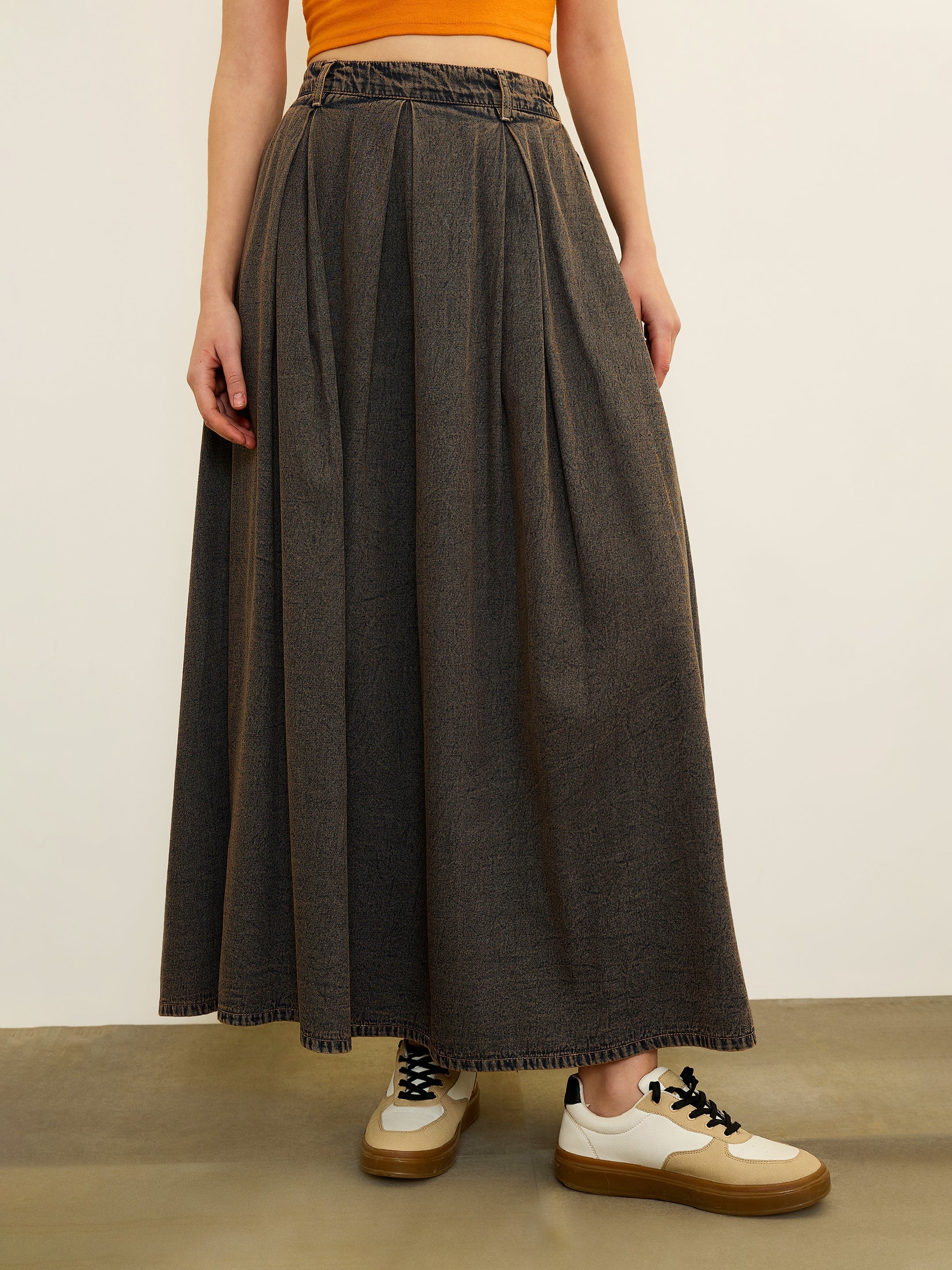 Women Black Denim Acid Wash Box Pleated Maxi Skirt