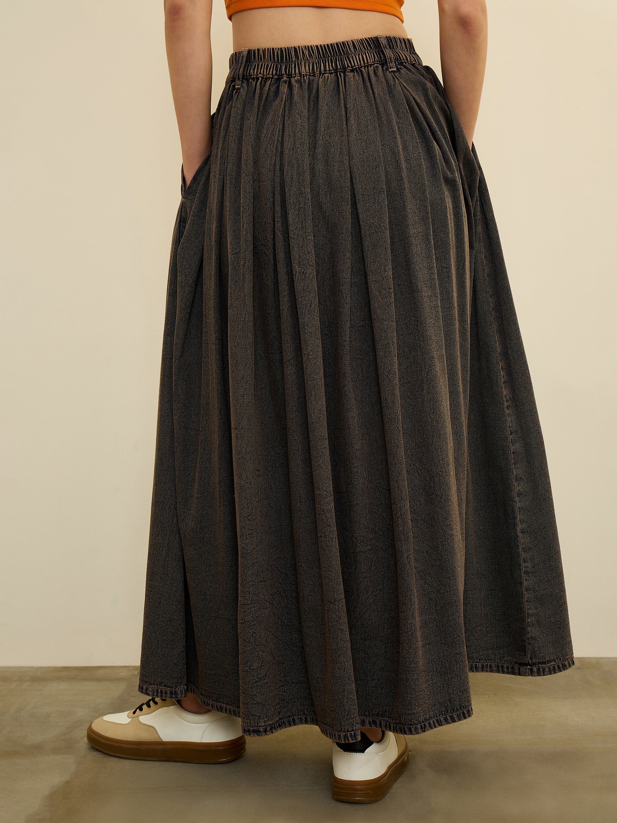 Women Black Denim Acid Wash Box Pleated Maxi Skirt