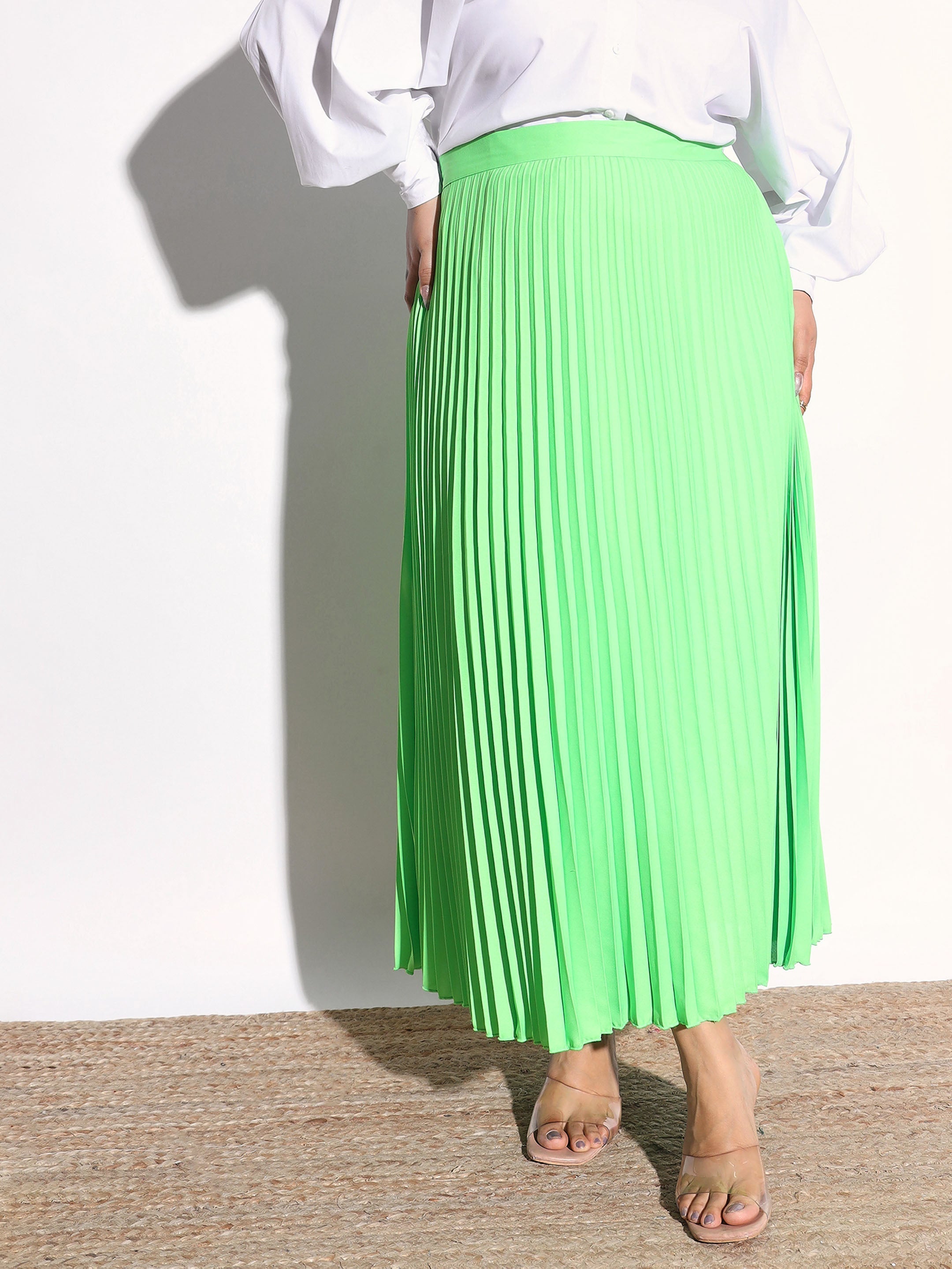 Women Neon Green Accordion Pleated Skirt