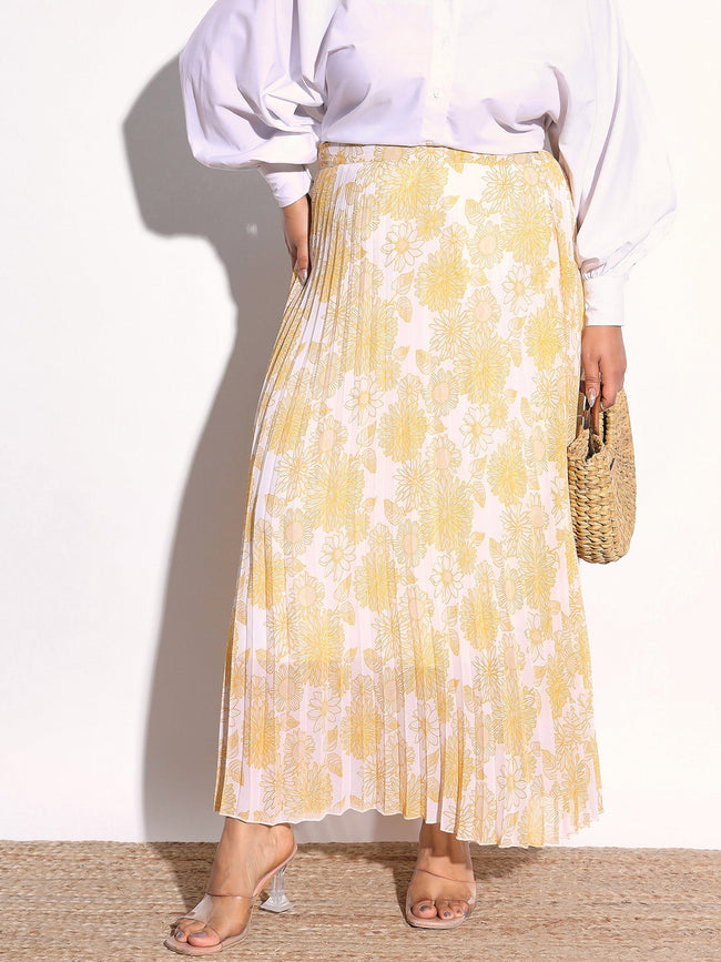 Women Yellow Floral Accordion Pleated Skirt